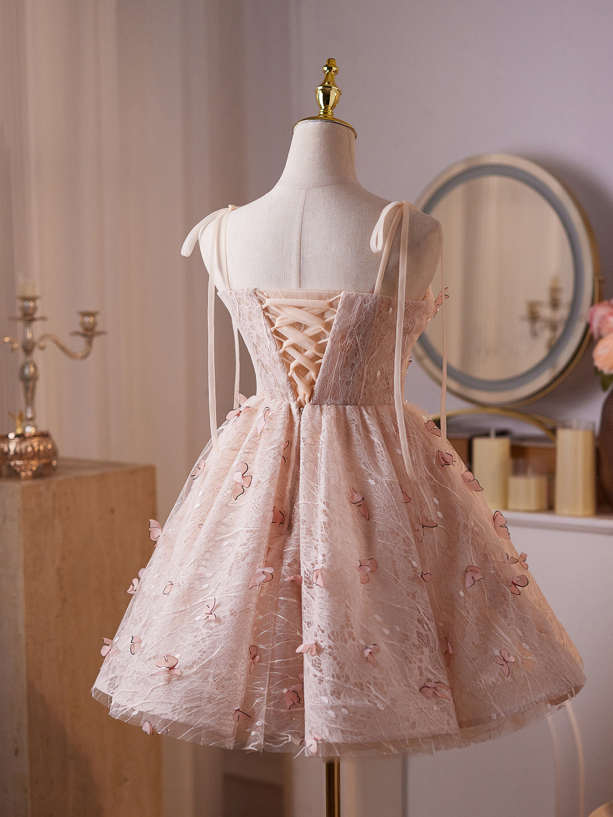 Cicinia Spaghetti Straps Pink Homecoming Dresses Short Lace A-line Mini Length Princess Dress