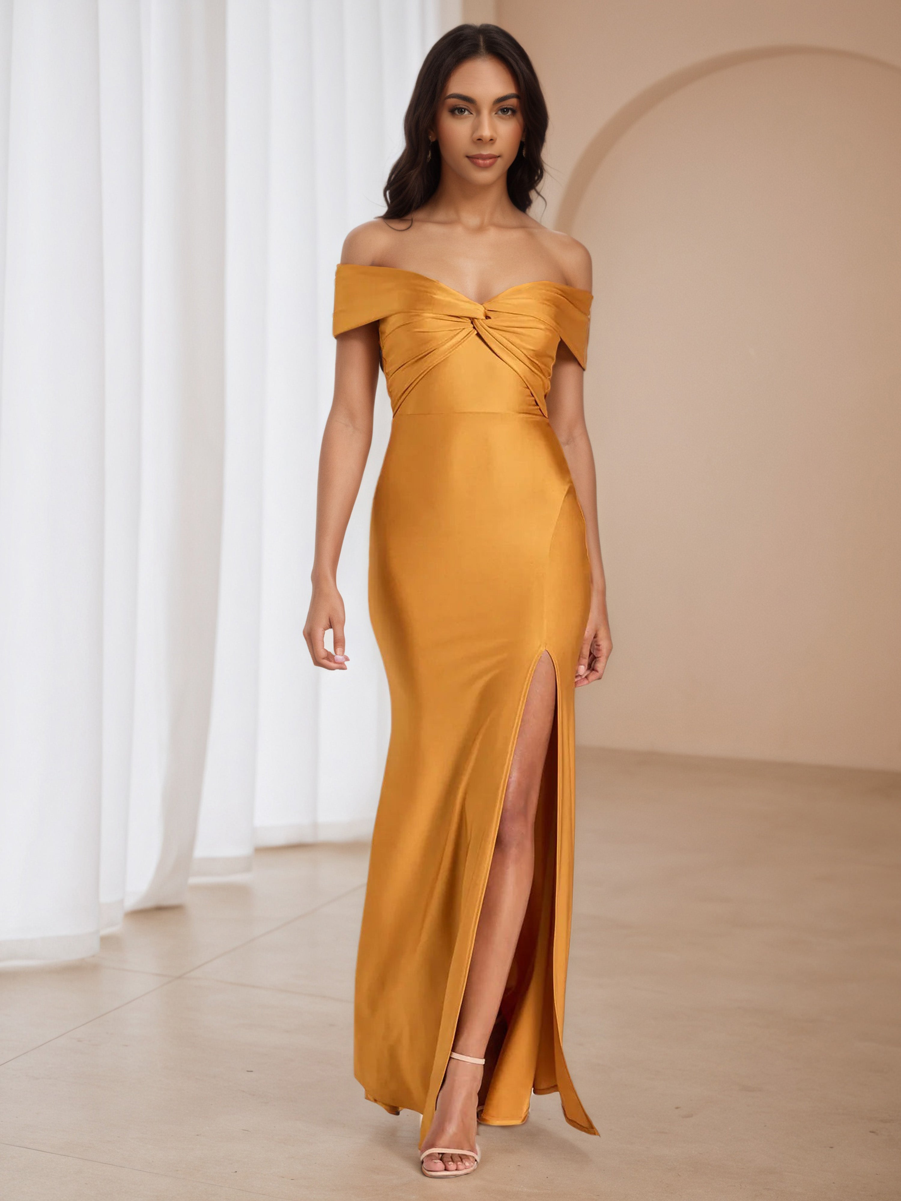 Off The Shoulder Twist Neck Tangerine Formal Dresses with Split Off The Shoulder Twist Neck Tangerine Formal Dresses with Split