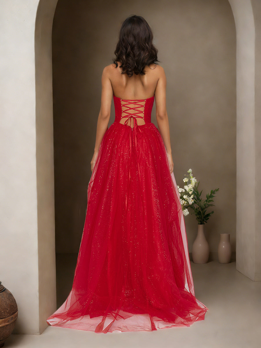 Cicinia Red Prom Dresses Long Tulle A-line Strapless Sweep Train Evening Gowns