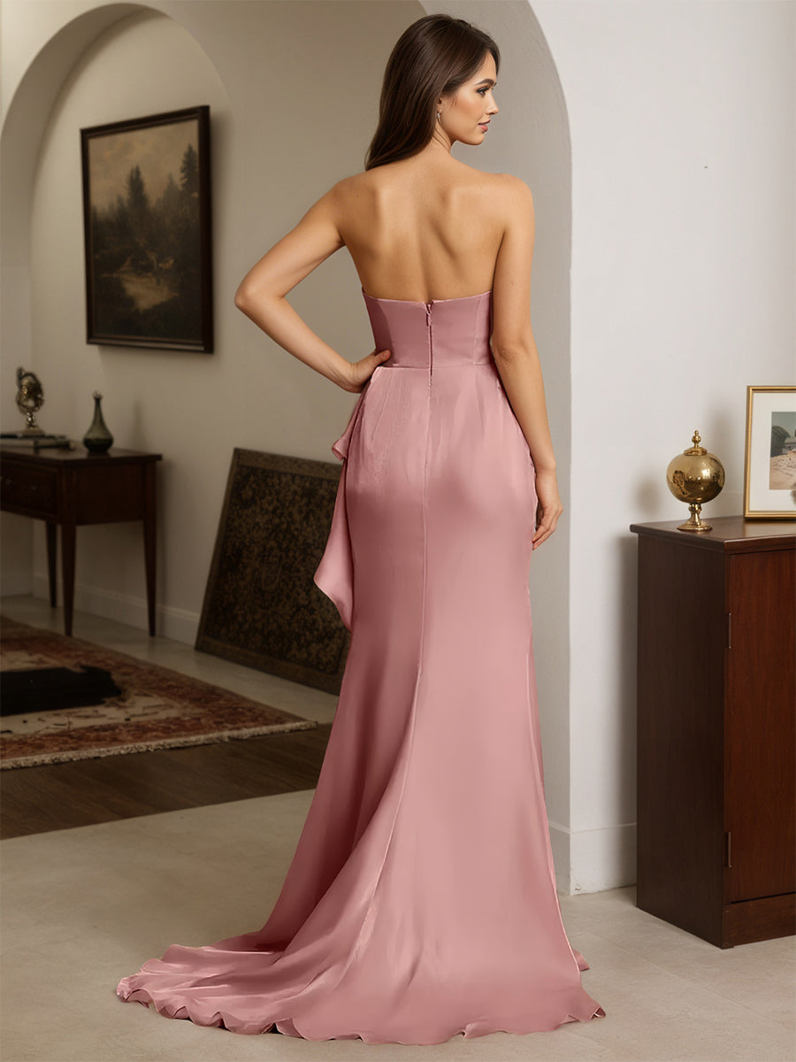 Cicinia Cameo Brown Prom Dresses Long Strapless Sheath Slit Party Dress