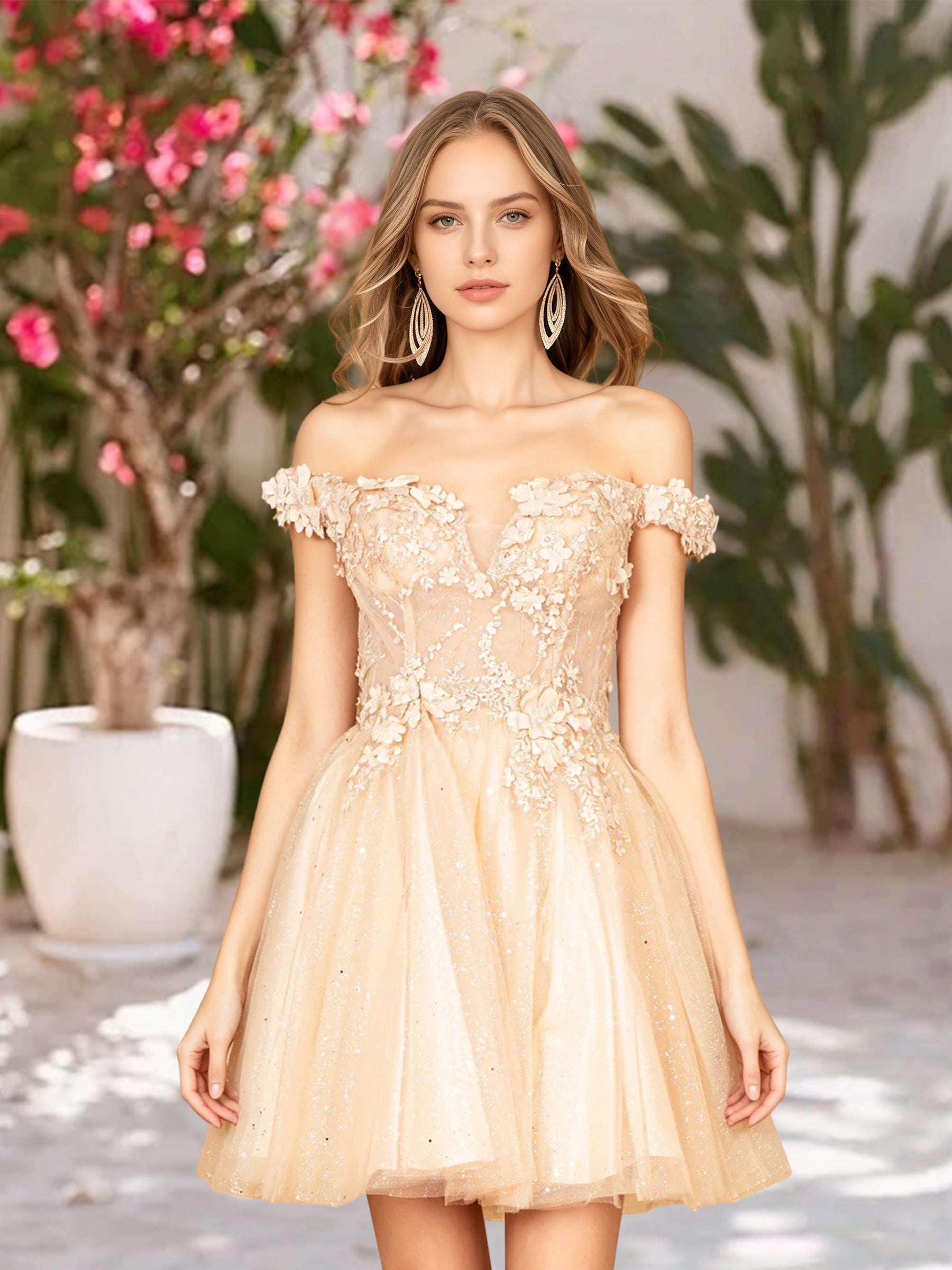 Cicinia Champagne Homecoming Dresses Short Tulle A-Line Off The Shoulder Mini Dress With 3D Flower