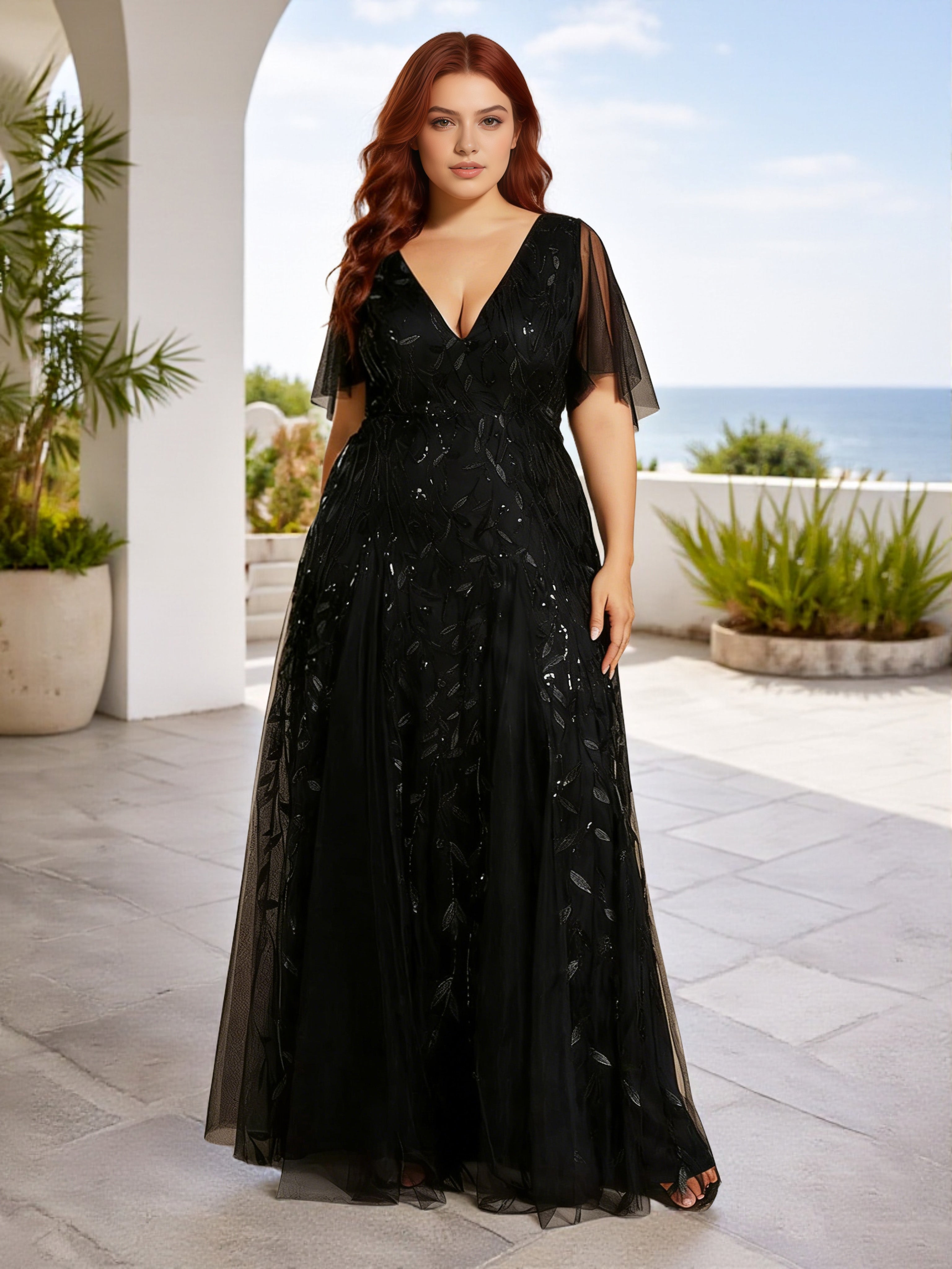 black lace maid of honor dresses Cicinia Plus Size Sequin Shiny Black Bridesmaid Dresses Long Lace Tulle A-line Floor Length V-neck