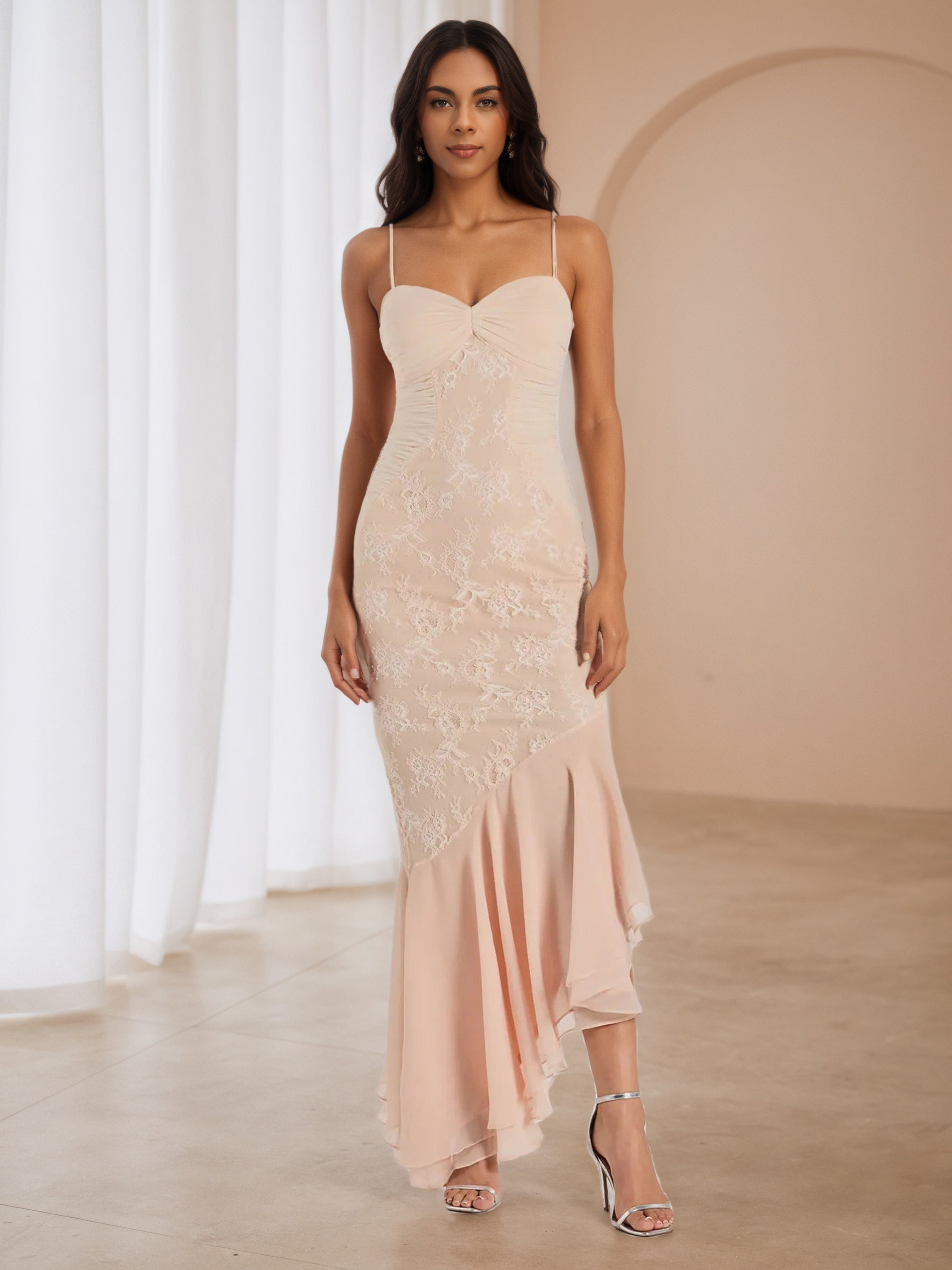 Ankle Length Ruffle Side Spaghetti Straps Coral Prom Dresses Ankle Length Ruffle Side Spaghetti Straps Coral Prom Dresses