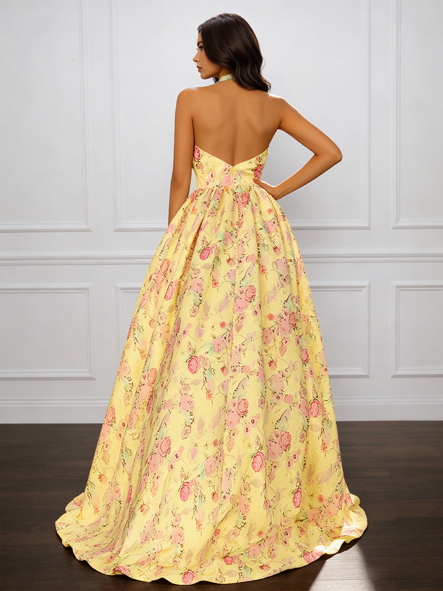 Cicinia Yellow Prom Dresses Long Printed Fabric A-line Deep V-neck Halter Backless