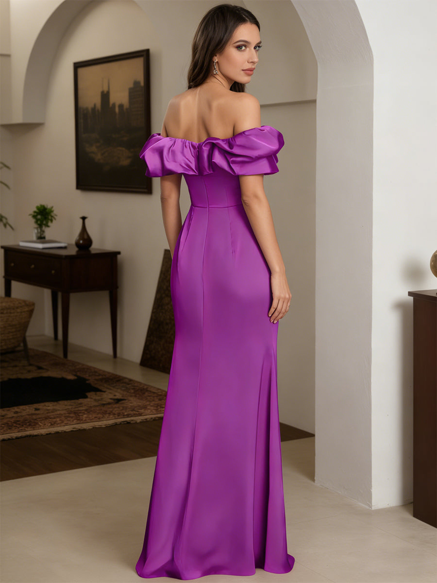 Cicinia Purple Prom Dresses Long Stretch Satin Sheath Off The Shoulder Floor Length