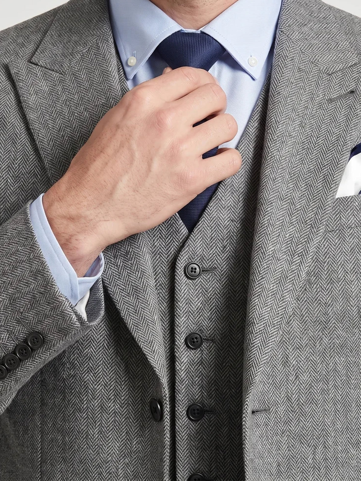 Cicinia 3 Piece Herringbone Suit Notch Lapel Single Breasted Jacket V Neck Vest Straight Leg Trousers Grey Men's Suits