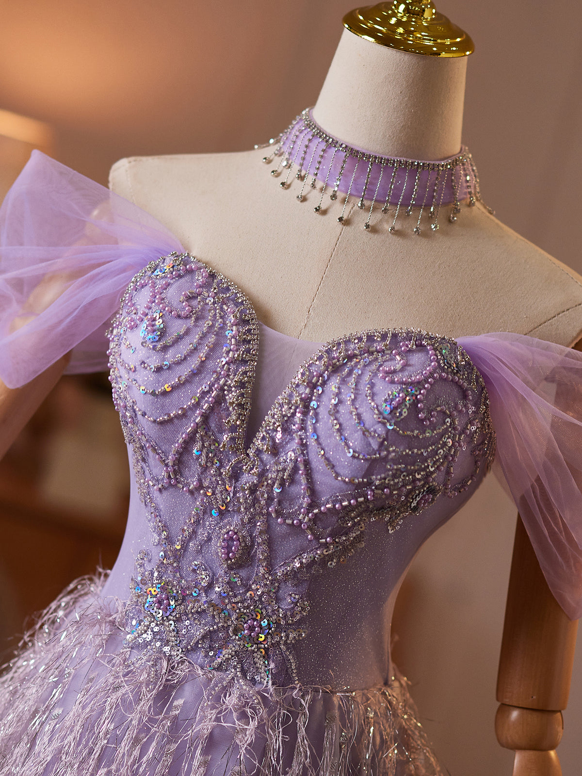 Cicinia Off The Shoulder Lilac Prom Dresses Long A-line Glitter Fringe Floor Length Formal Dresses