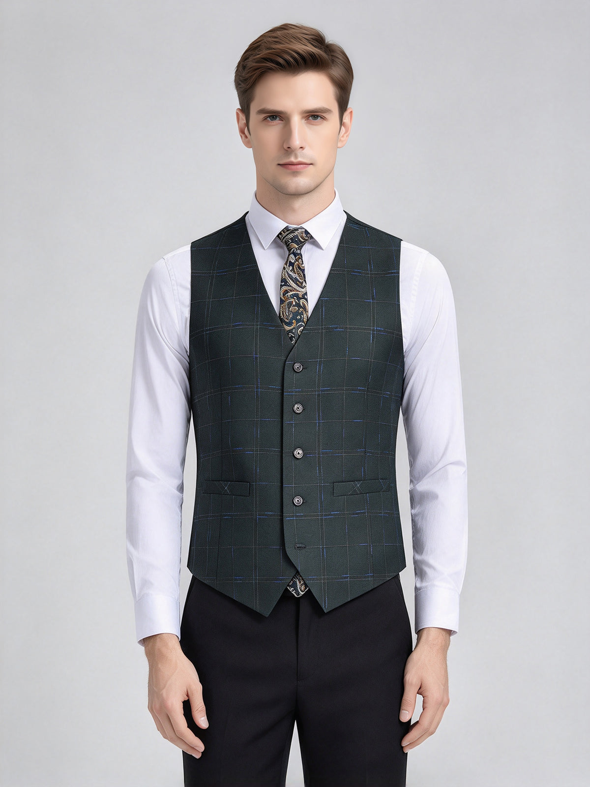 Cicinia Single Breasted Plaid Jacket Waistcoat And Black Pants Tailored Fit 3 Pieces Hunter Green Men's Suits
