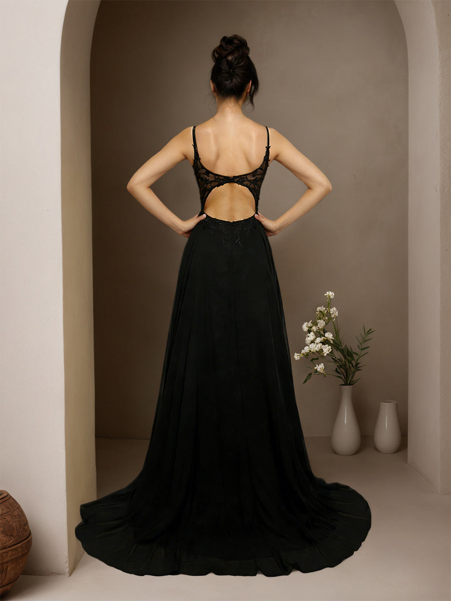 Cicinia Black Prom Dresses Long Chiffon A-line Appliques Lace Sweep Train Party Dress