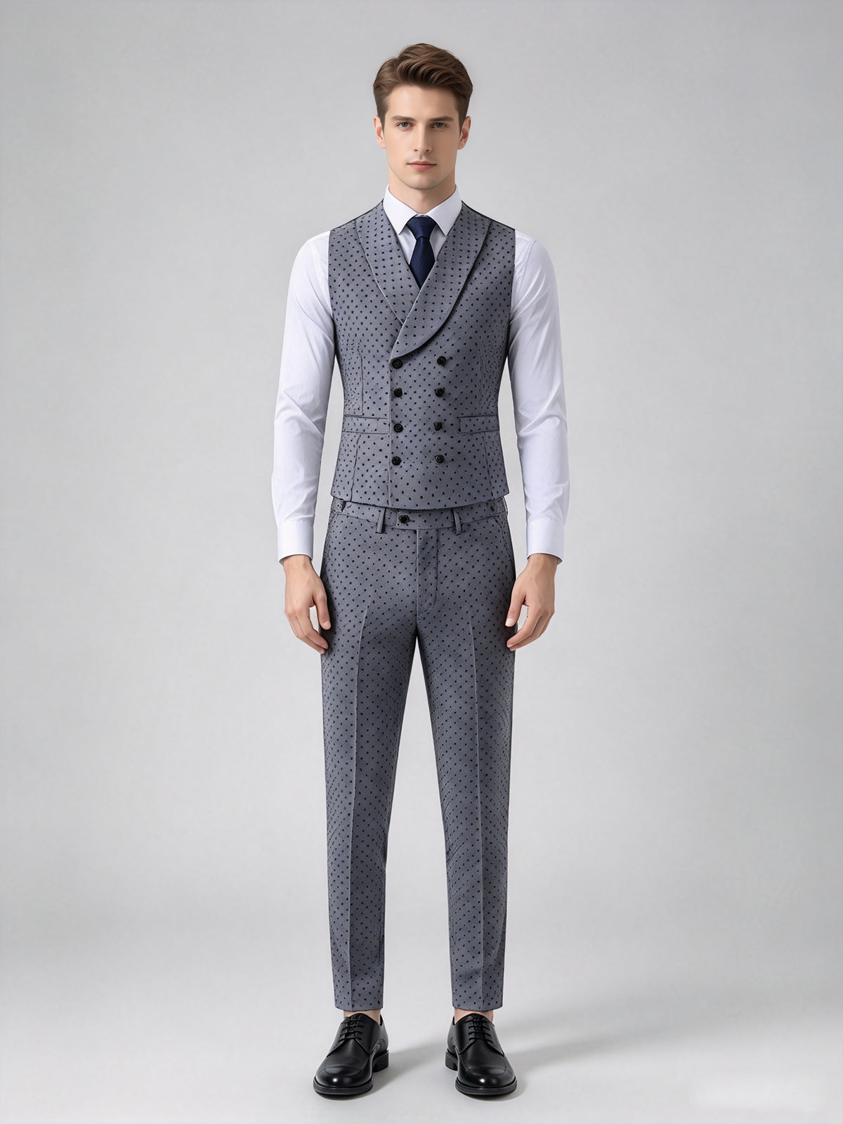Cicinia Grey Men's Suits Slim Fit Three Piece Polka Dot Double Breasted Vest Suit