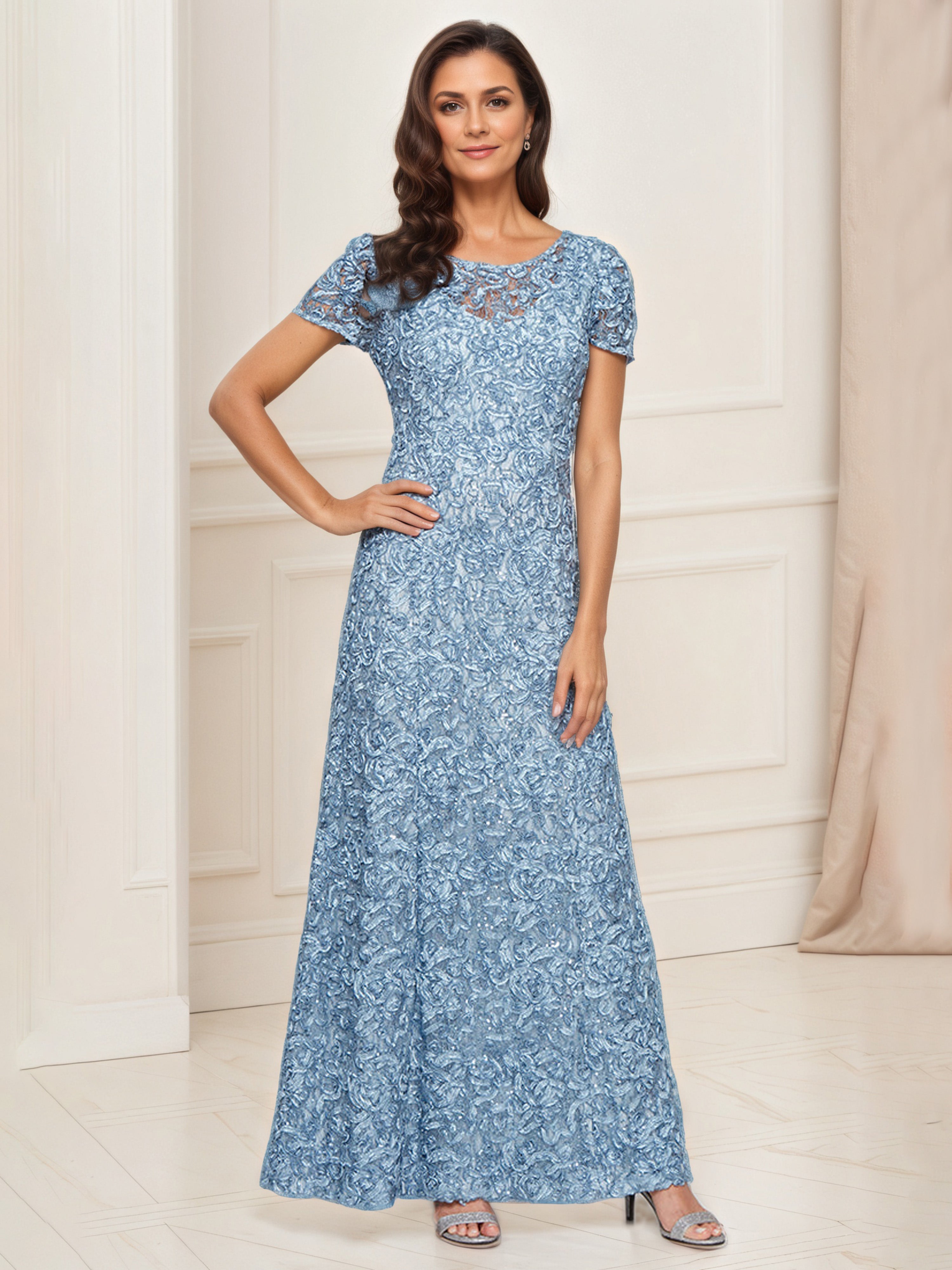 Dusty Blue A-Line Round Neck Short Sleeves Lace Mother Of The Bride Dr Dusty Blue A-Line Round Neck Short Sleeves Lace Mother Of The Bride Dr