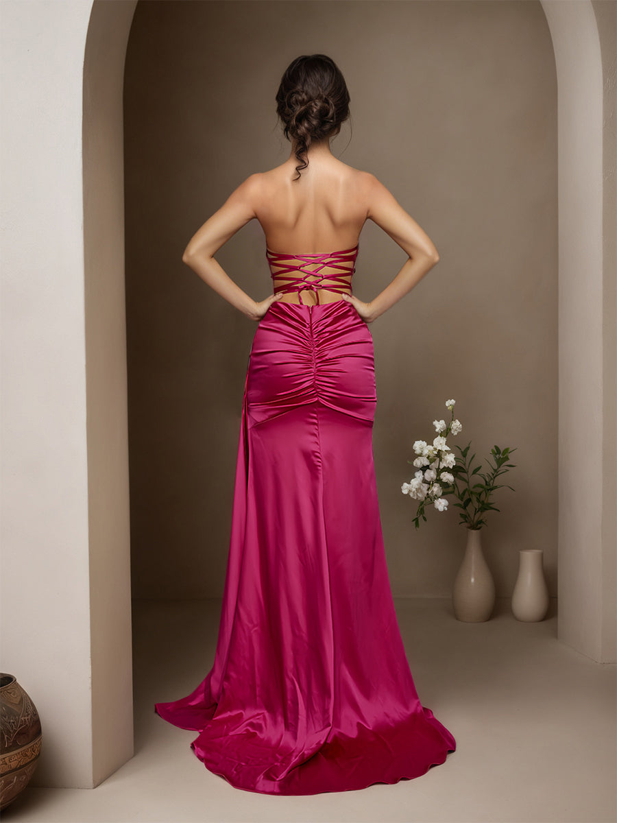 Cicinia Fuchsia Prom Dresses Long Soft Satin Sheath Sweep Train Strapless Charming