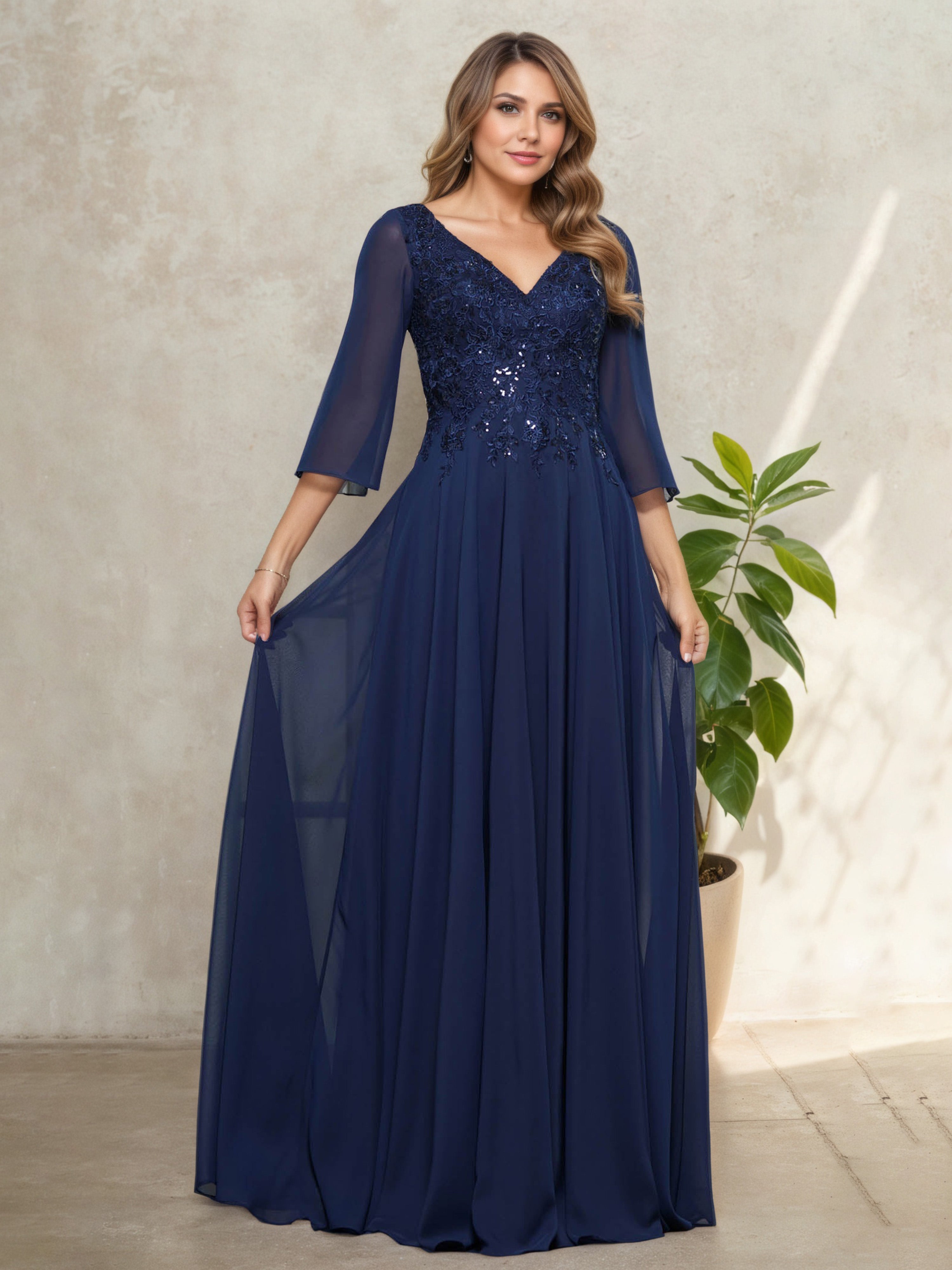 Appliques V-Neck 3/4 Sleeves Navy Blue Mother Of The Bride Dress Appliques V-Neck 3/4 Sleeves Navy Blue Mother Of The Bride Dress