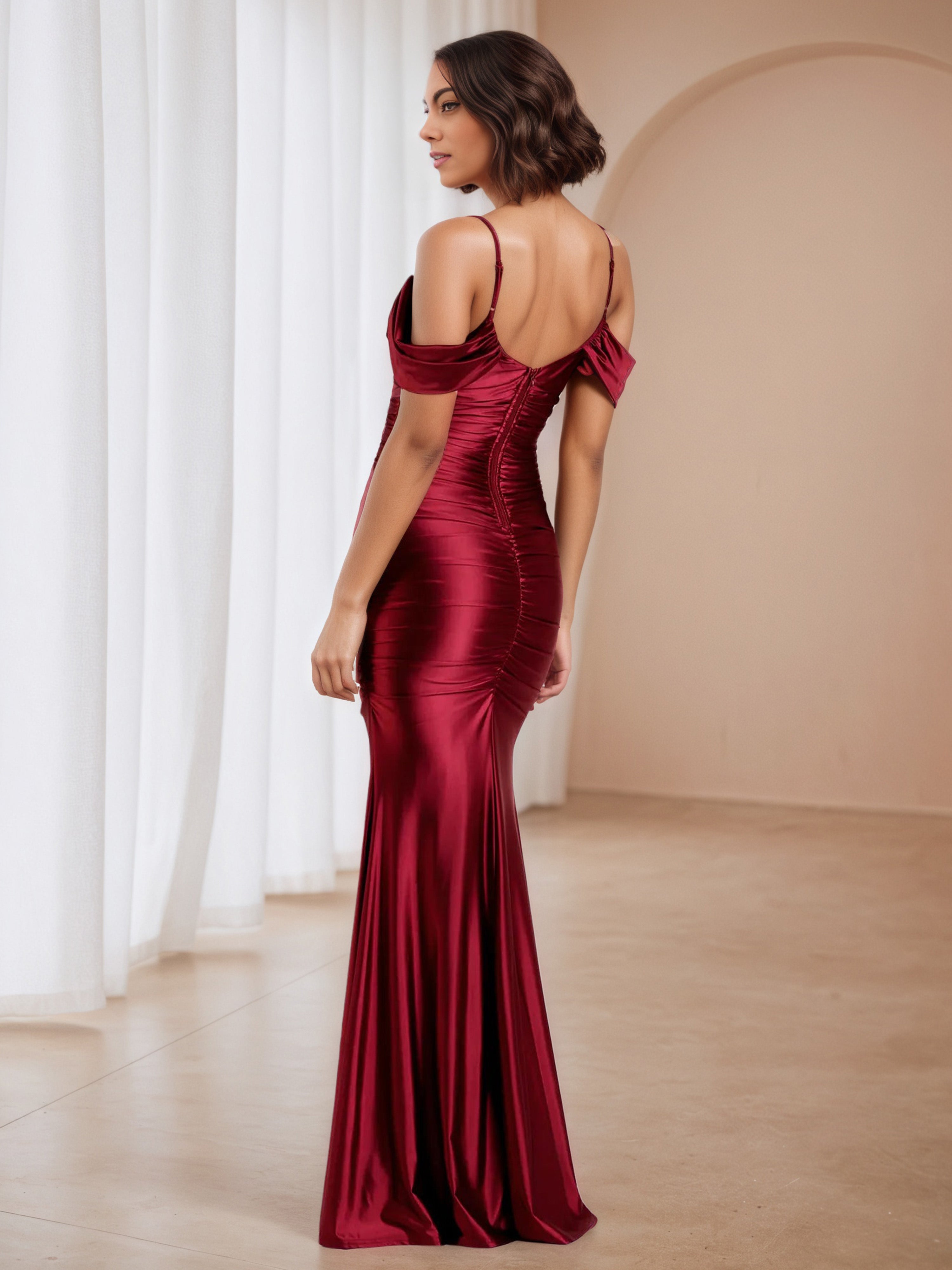 Spaghetti Straps Notched Off The Shoulder Burgundy Wedding Guest Dress