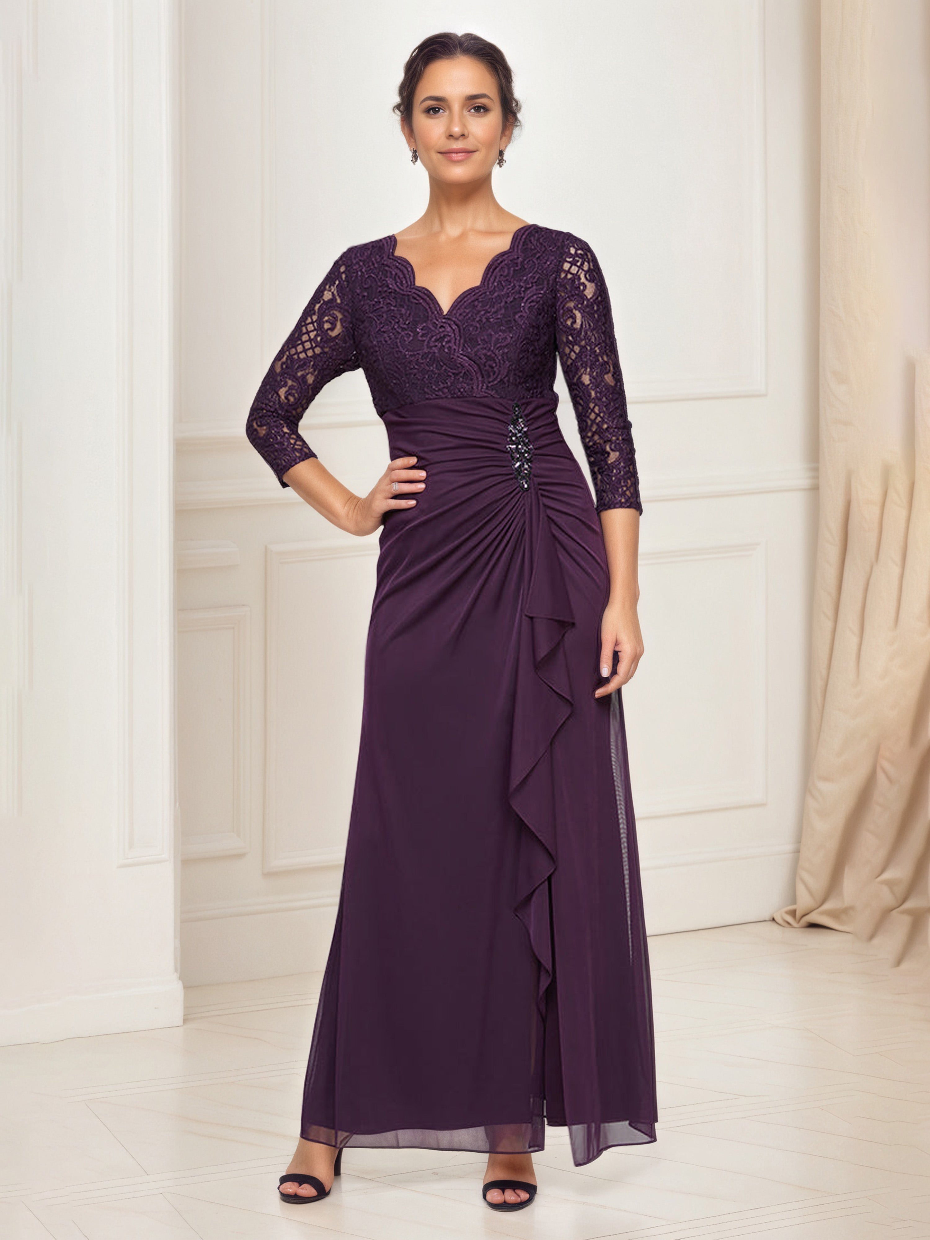Aubergine Mother Of The Bride Dress 3/4 Sleeves Empire Waist Lace Top Mother Of The Bride Dress Aubergine Mother Of The Bride Dress 3/4 Sleeves Empire Waist Lace Top Mother Of The Bride Dress