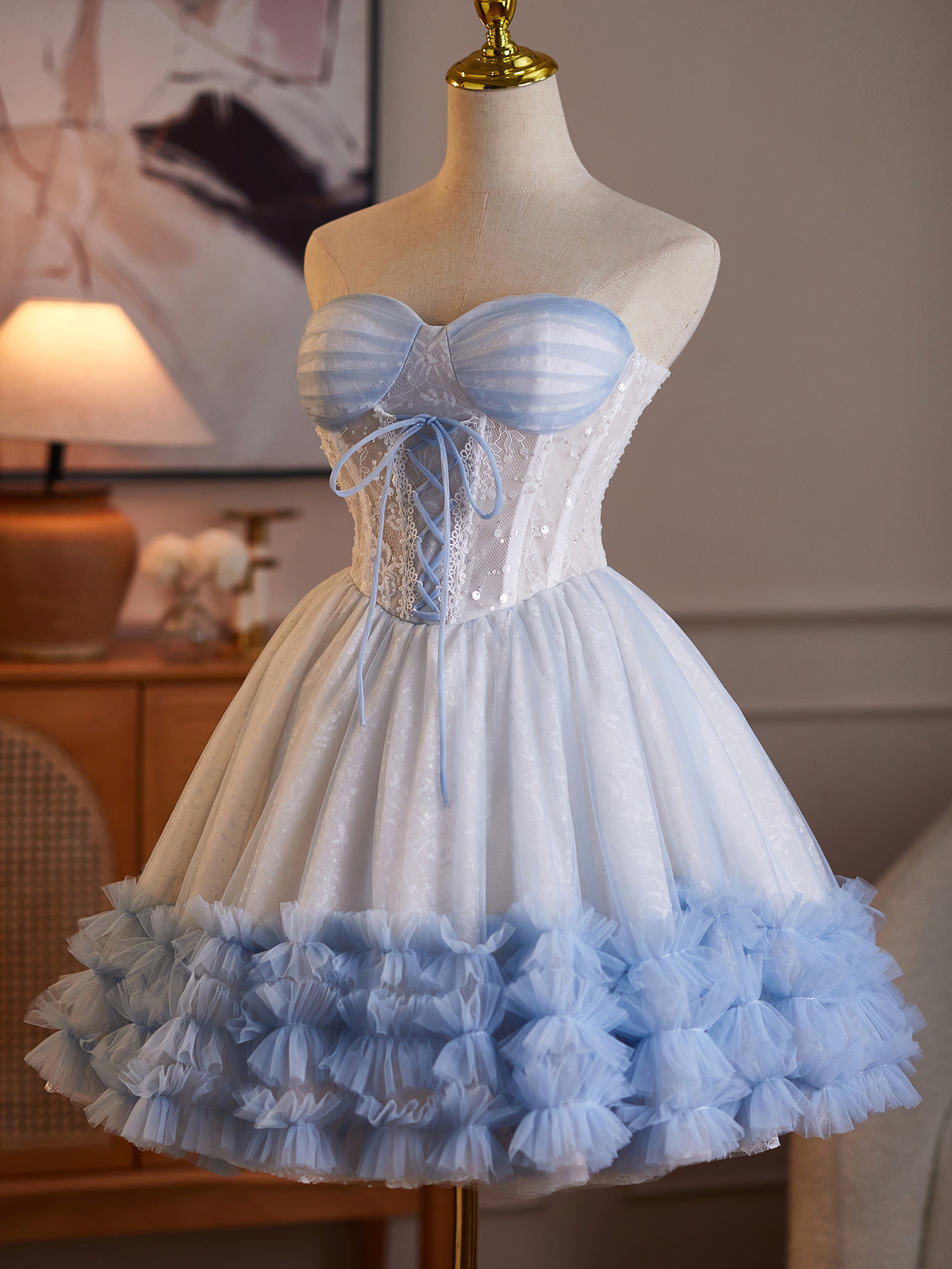 Cicinia Lace‑Up Tiered Ruffle Tulle Sky Blue White Wedding Dresses Short Lace A-line Bridal Dress