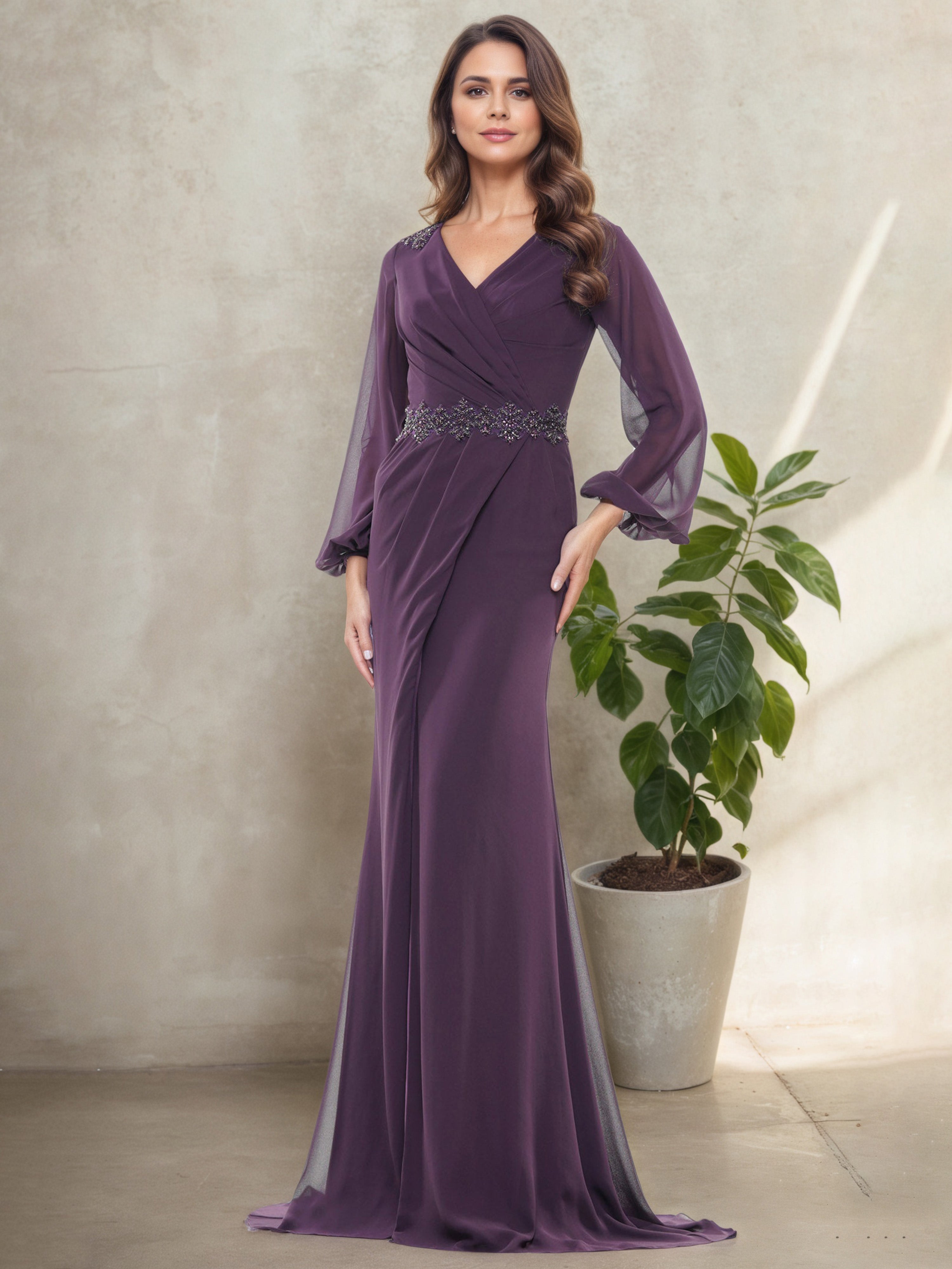 Lantern Sleeve Pleats Aubergine V-Neck Mother Of The Bride Dress with Beading Lantern Sleeve Pleats Aubergine V-Neck Mother Of The Bride Dress with Beading