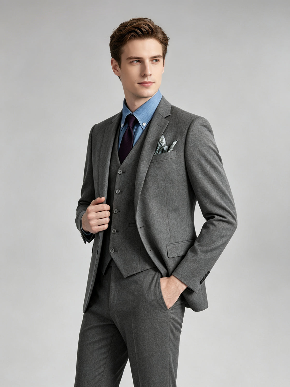Cicinia 3 Pieces Suit Notch Lapel Two Button Jacket V Neck Vest Trousers Steel Grey Men's Suits