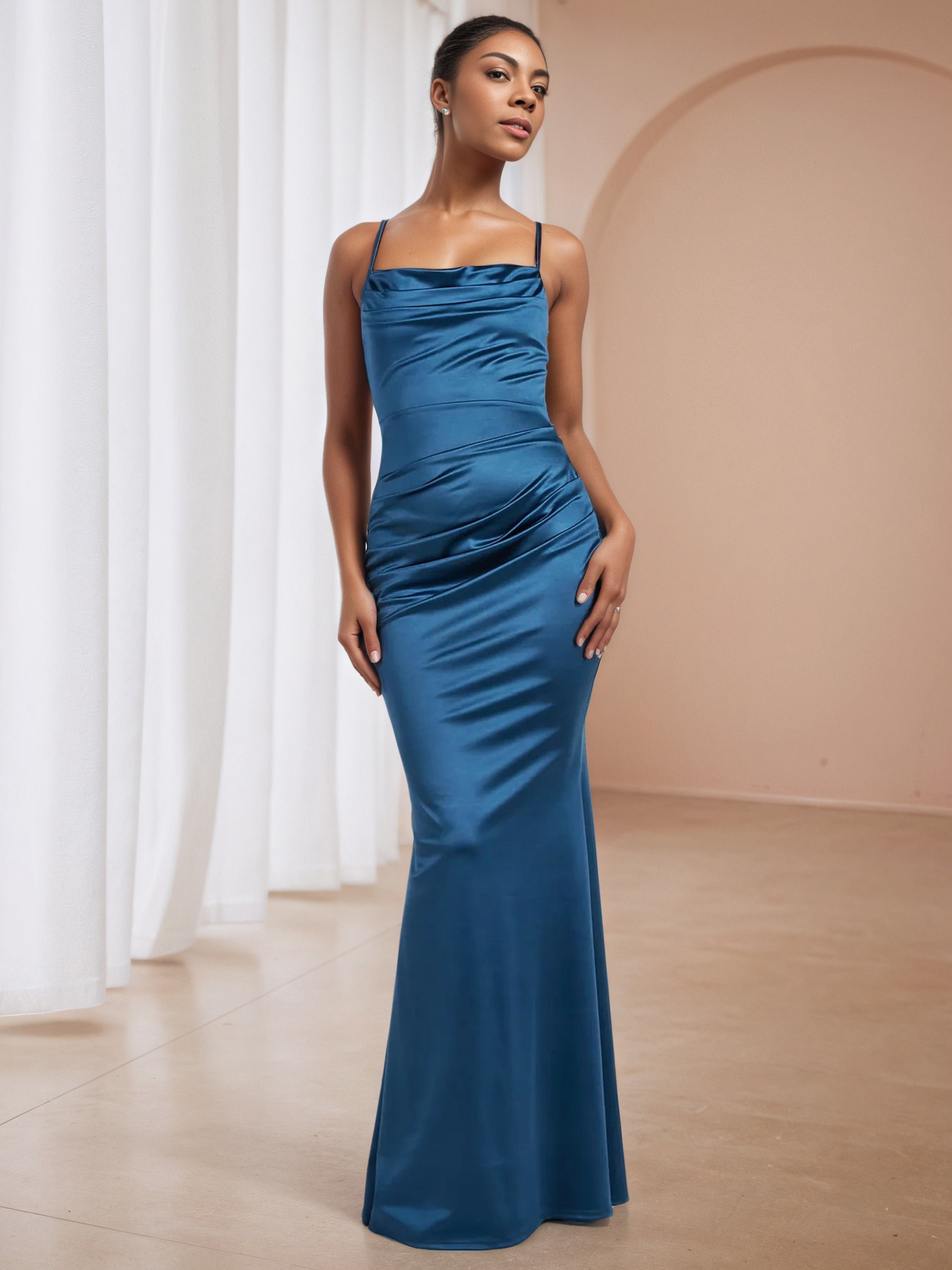Dark Blue Spaghetti Straps Ruched Prom Dress