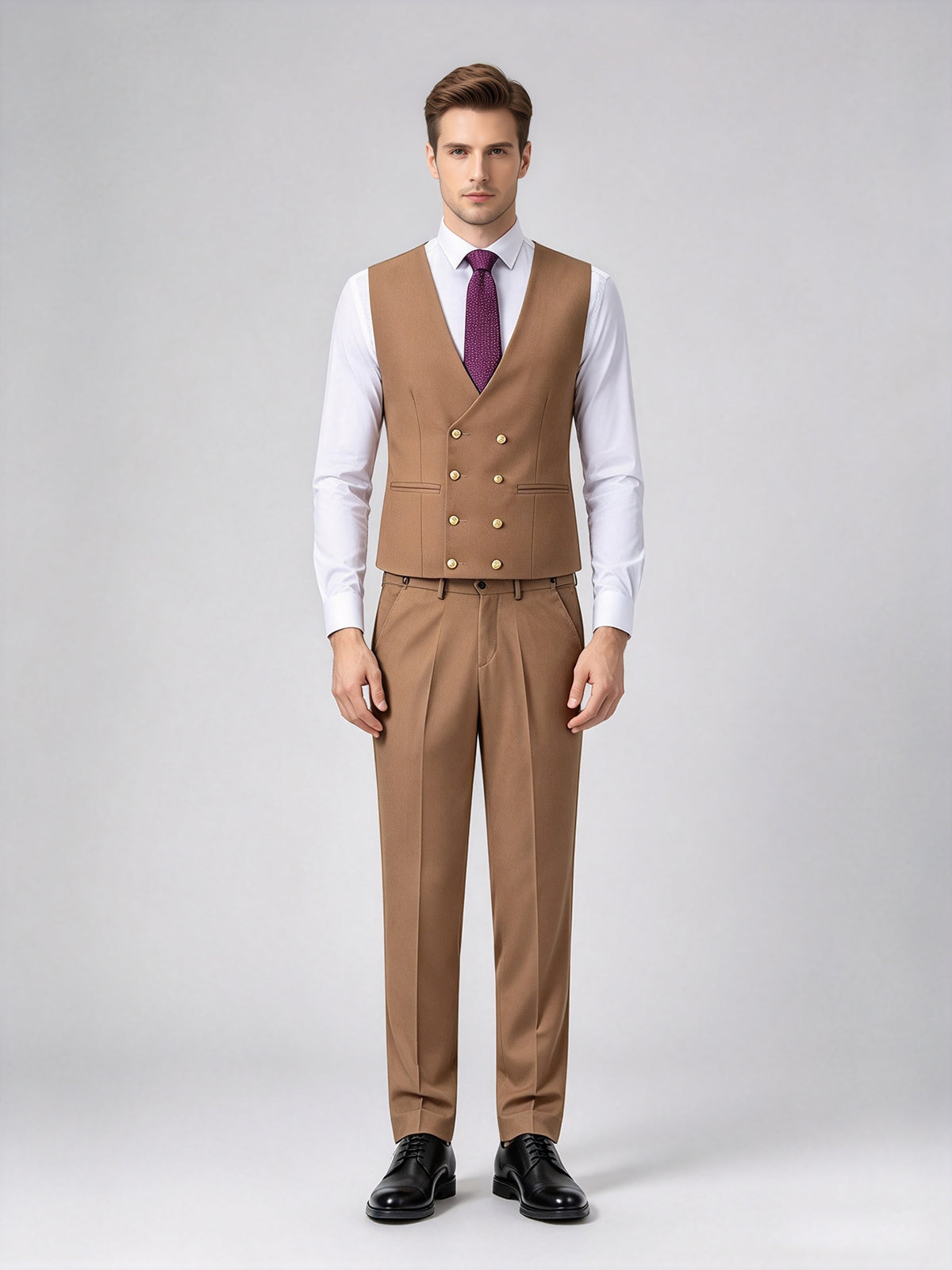 Cicinia Brown Men's Suits Slim Fit 3 Pieces Peak Lapel Double Breasted Vest Suit