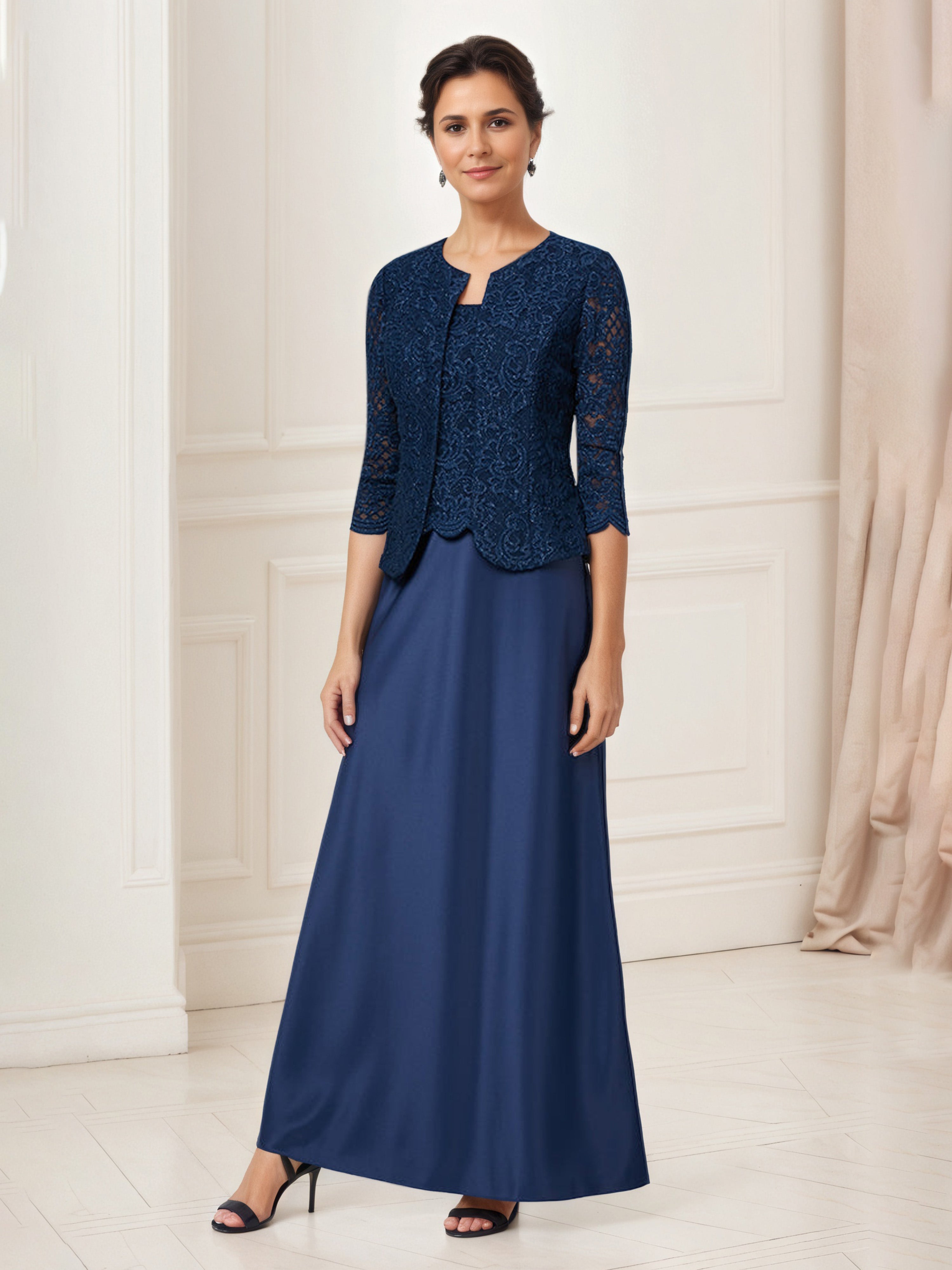 Dark Navy Mother Of The Bride Dresses Glitter Lace Bodice Satin Mother Of The Bride Dress with Lace Jacket Dark Navy Mother Of The Bride Dresses Glitter Lace Bodice Satin Mother Of The Bride Dress with Lace Jacket