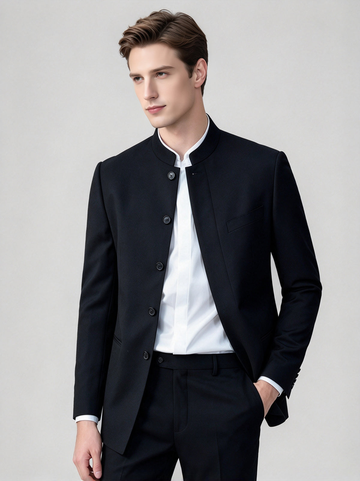 Cicinia Classic Mandarin Collar Concealed Placket Tailored 2 Pieces Black Men's Suits