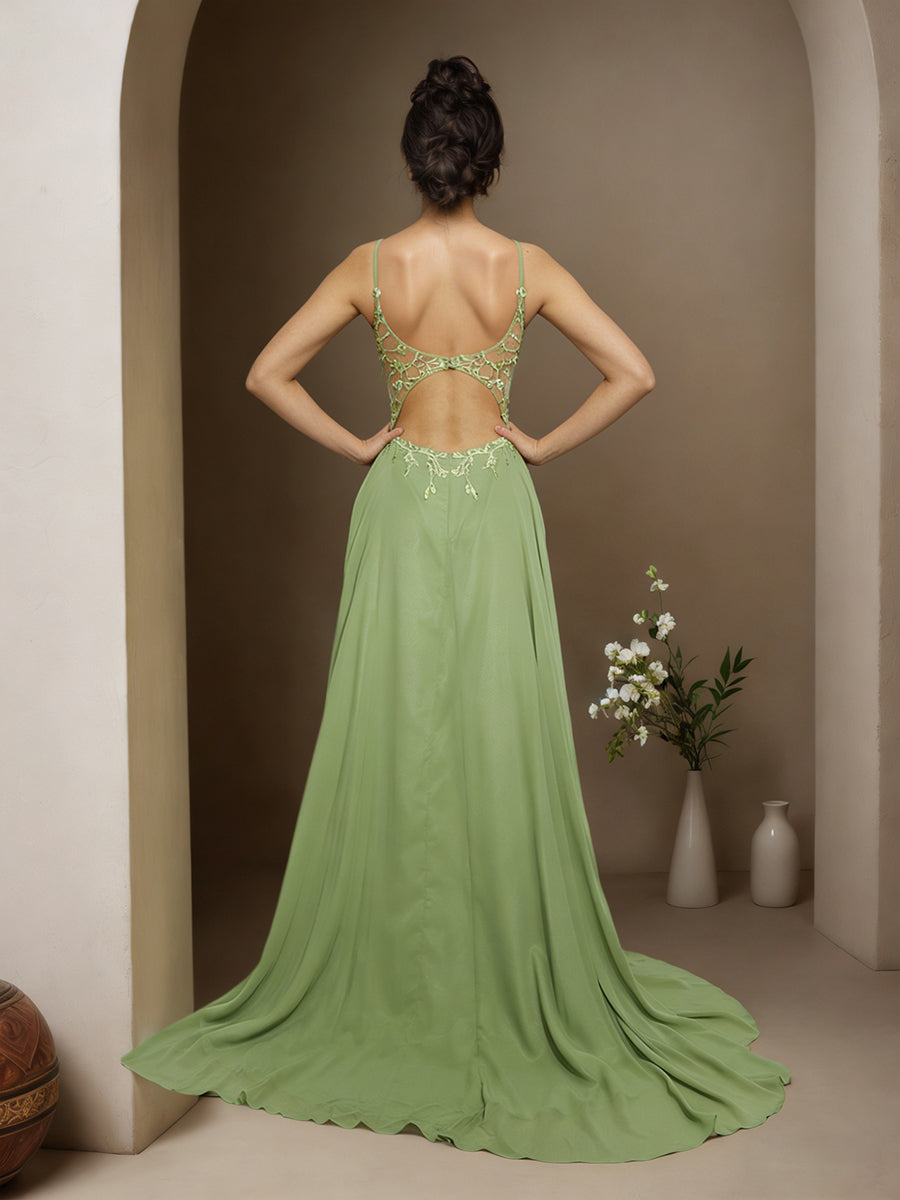 Cicinia Dusty Sage Prom Dresses Long Chiffon A-line Appliques Lace Sweep Train Party Dress
