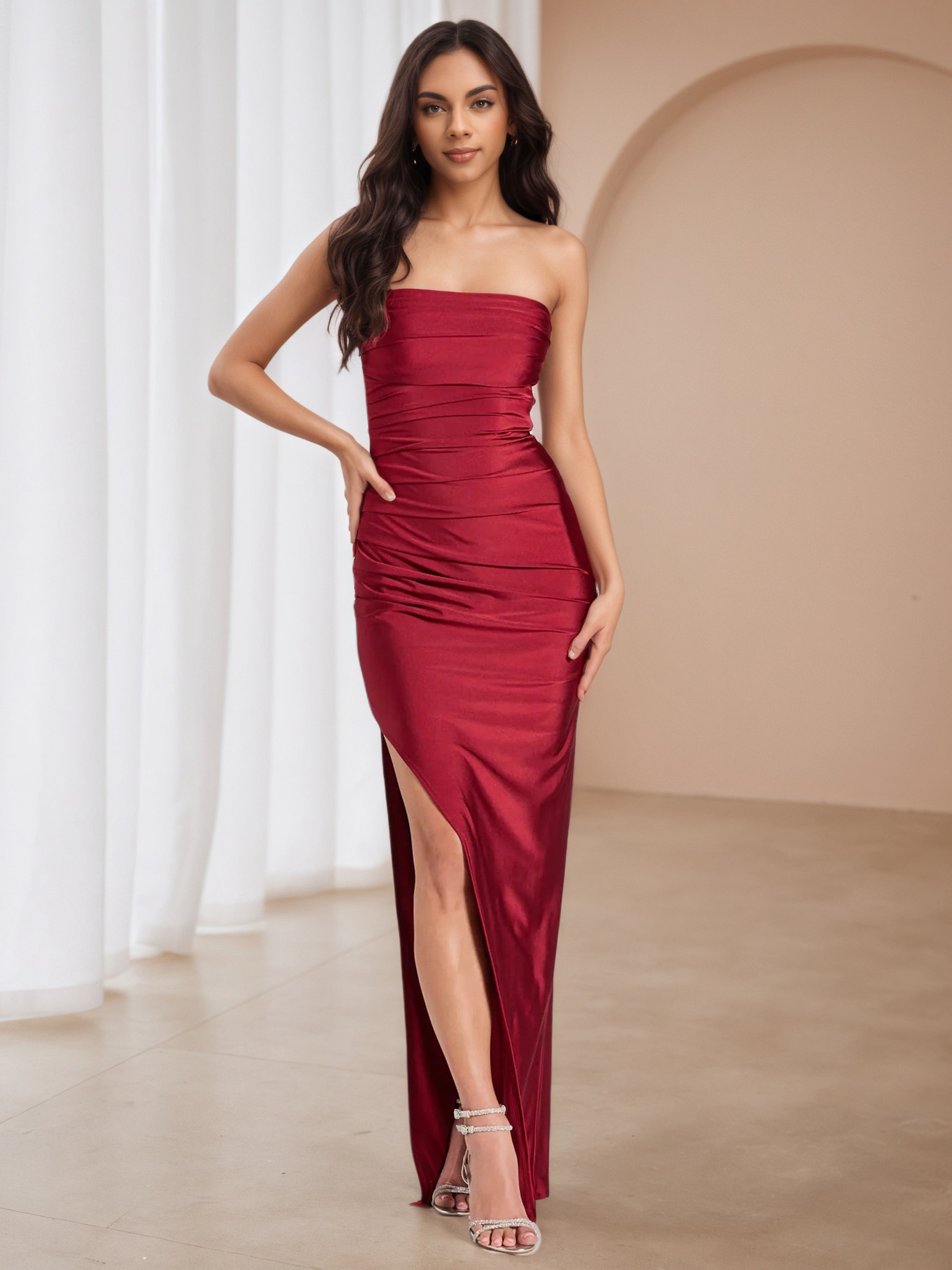 Strapless Burgundy Long Prom Dresses with Split Strapless Burgundy Long Prom Dresses with Split