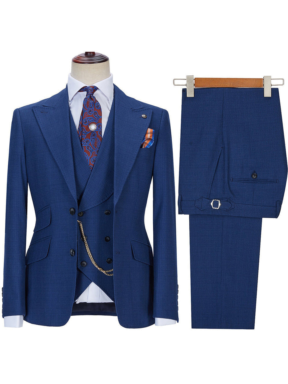 Cicinia Navy Blue Men's Suits 3 Pieces Peak Lapel Suit Double Breasted Vest Slim Fit Jacket Trousers