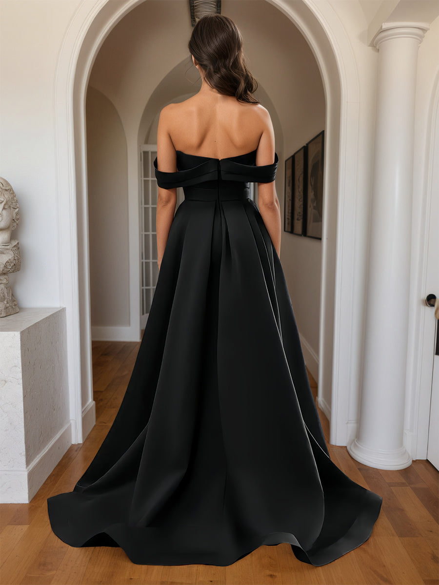 Cicinia Black Prom Dresses Long Sheath Soft Satin Slit Off The Shoulder Party Dress