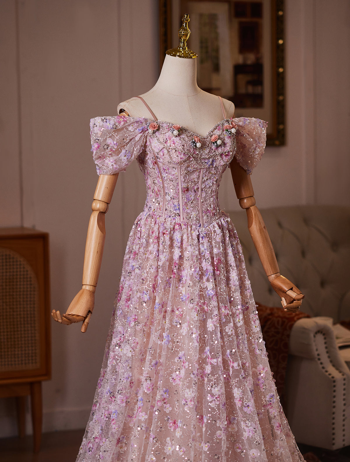 Cicinia Sequined Floral Tulle Pink Prom Dress Long A-line Off The Shoulder Floor Length Evening Dress