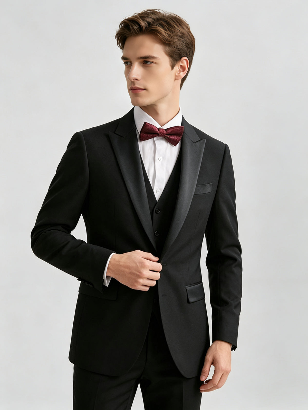 Cicinia 3 Pieces Tuxedo Shawl Satin Lapel Two Button Jacket V Neck Waistcoat Slim Fit Trousers Black Men's Suits