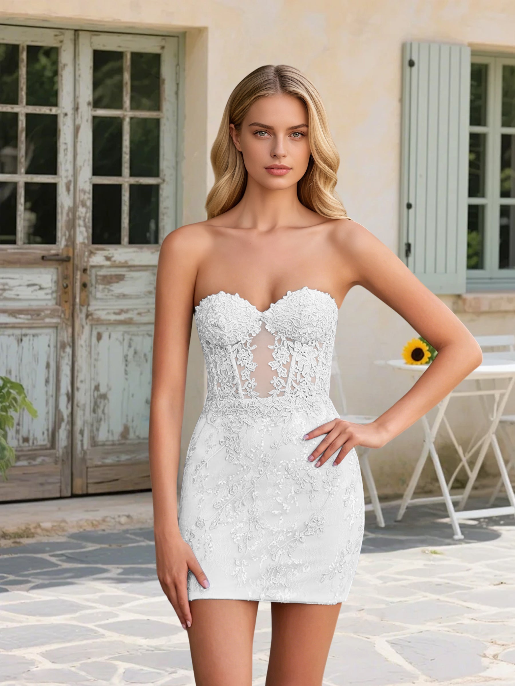white sweetheart dress short Cicinia Homecoming Dresses Lace Sheath Lace-Up Back Mini Color:Brown Micro A-Line V-neck Backless Bohemian SEP_MP2025 Line Style Fabric
