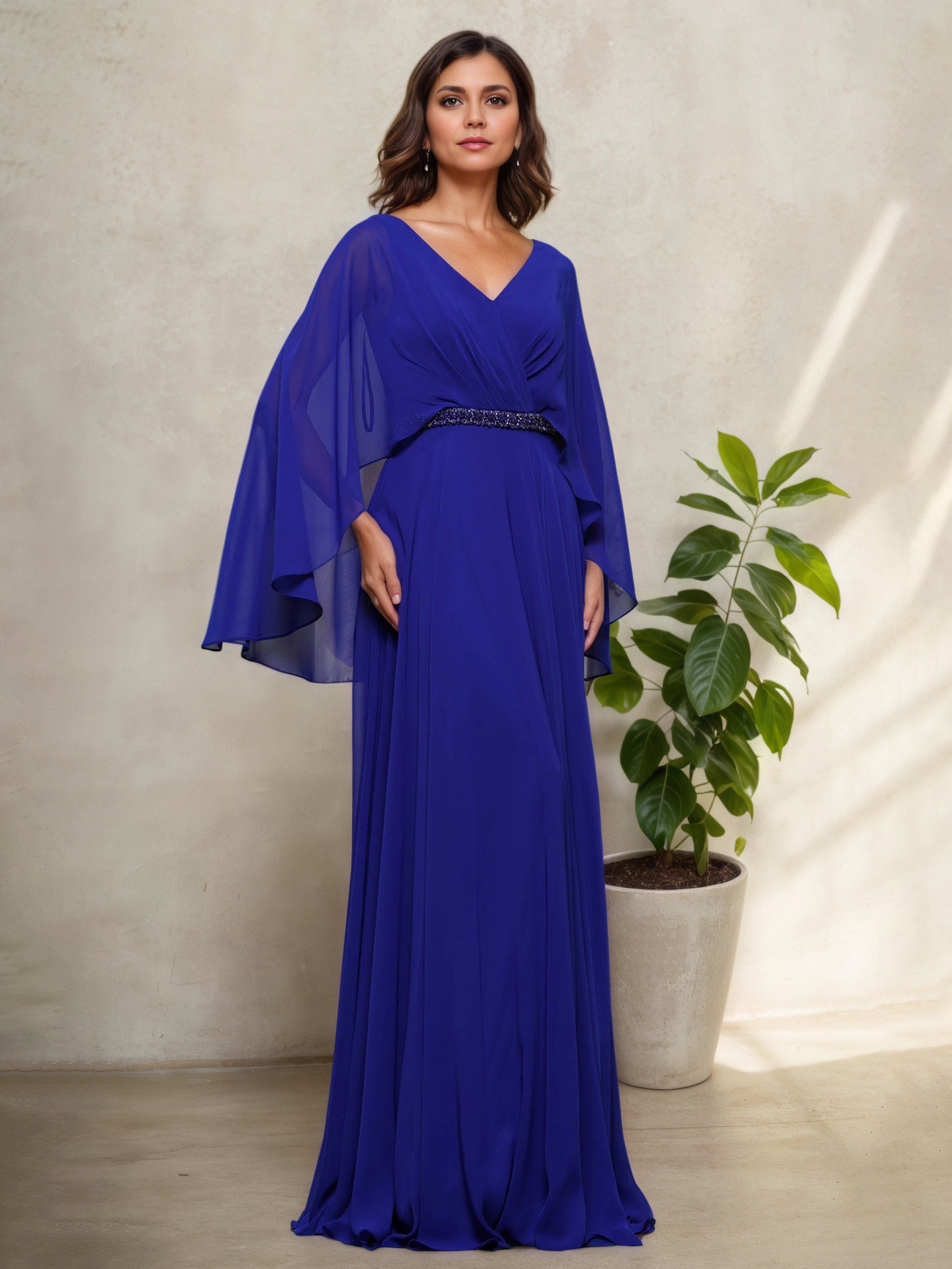 Floor Length V-Neck Royal Blue A-Line Mother Of The Bride Dress with S
