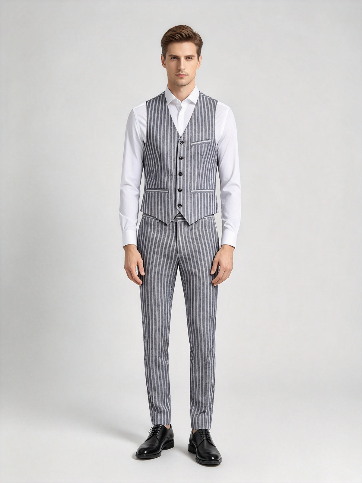 Cicinia Slim Fit 3 Pieces Peak Lapel Single Breasted Vest Vertical Stripe Grey Men's Suits