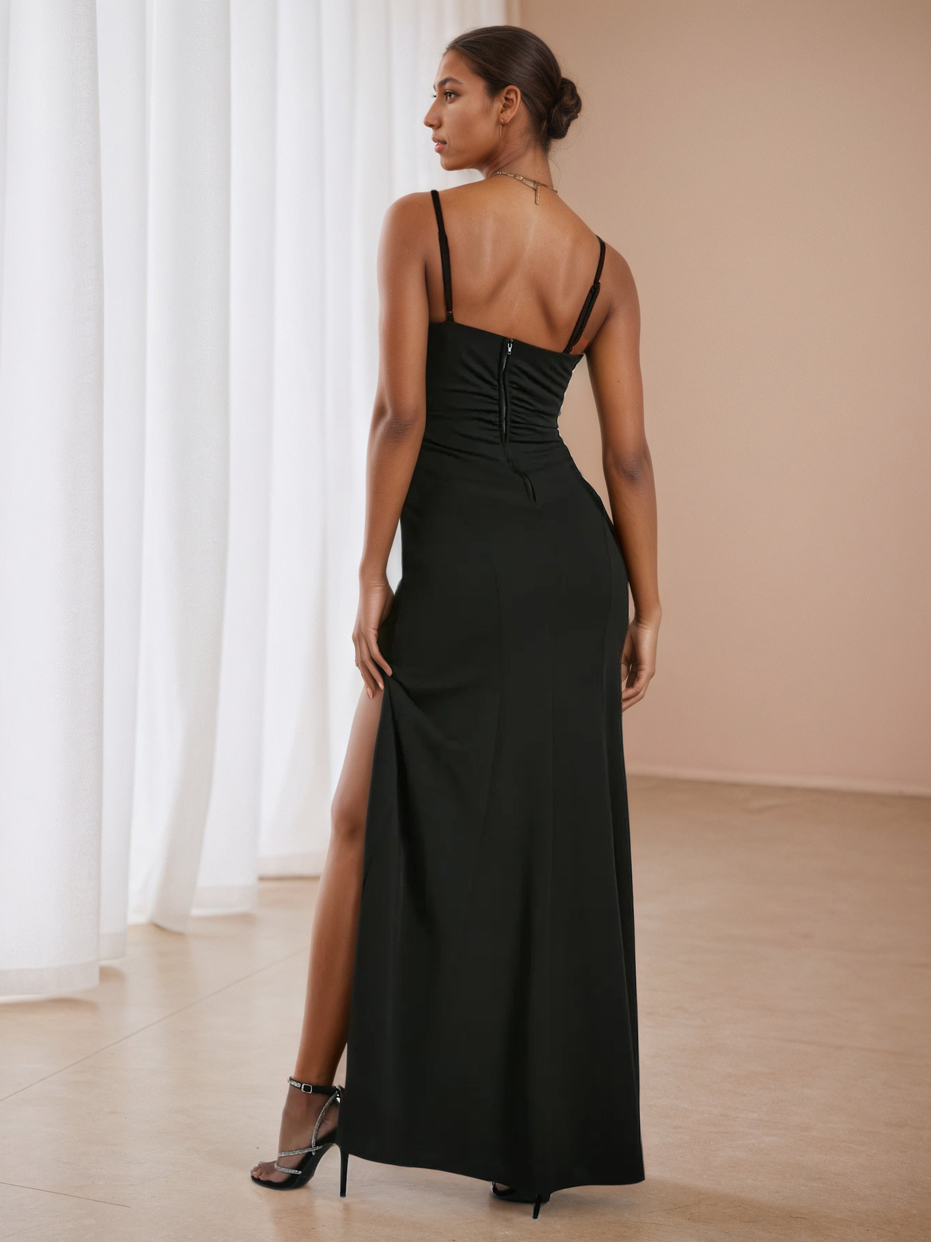 Sheath Black Straps Long Wedding Guest Dress with Split