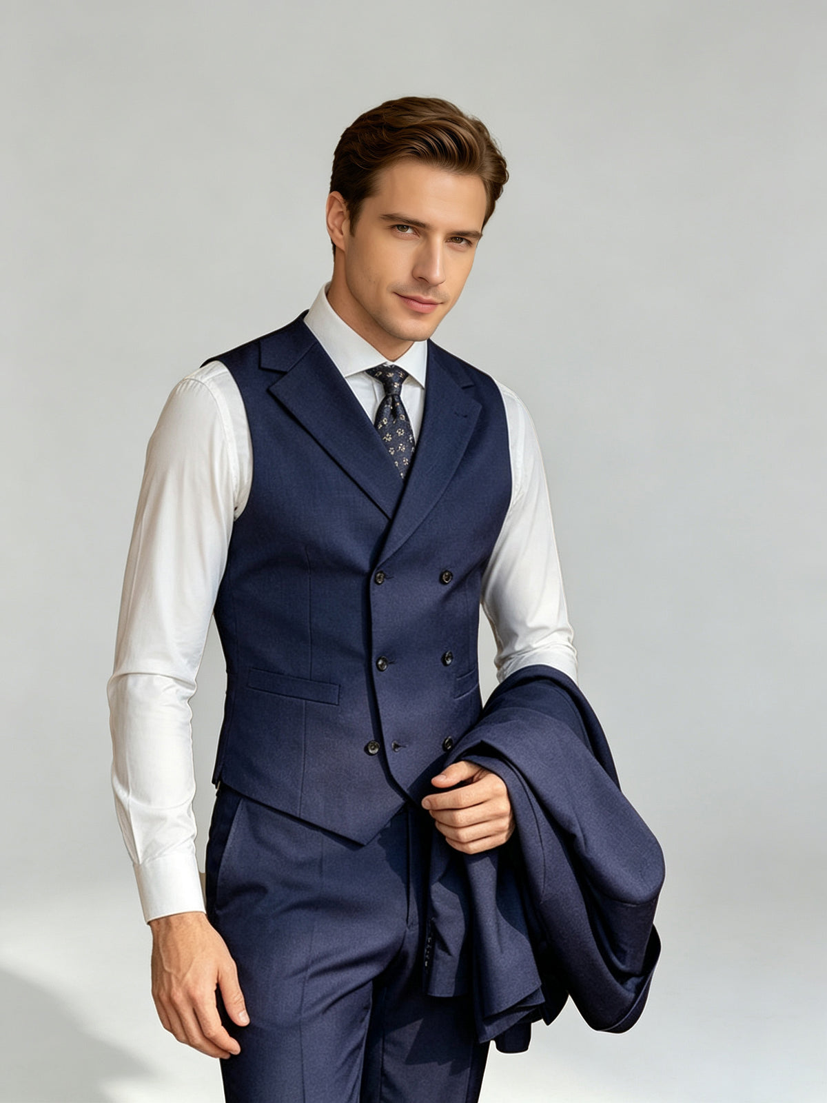Cicinia Men's Suits Navy Blue 3 Pieces Suit Peak Lapel Double Breasted Vest Jacket And Straight Trousers
