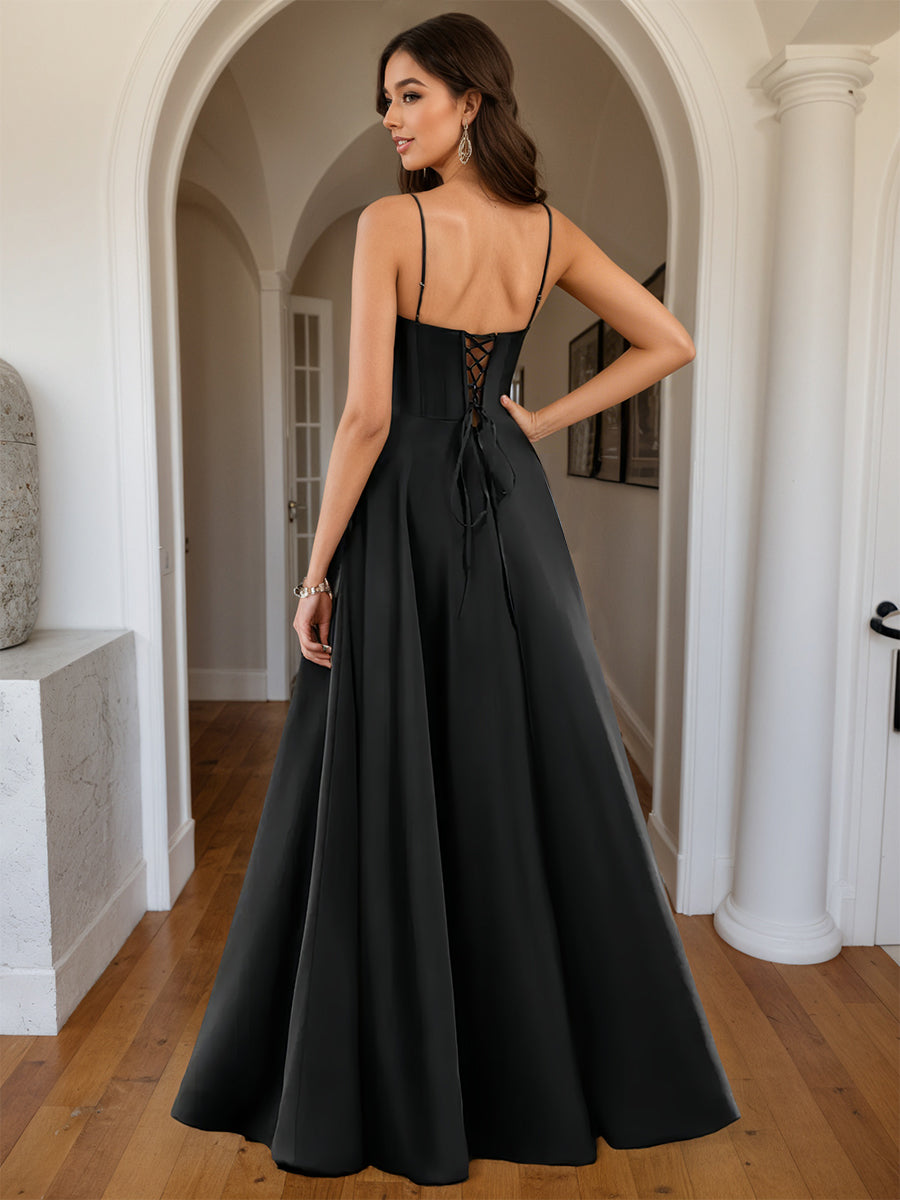 Cicinia Black Prom Dresses Long Sweetheart A-line Satin Spaghetti Straps Floor length
