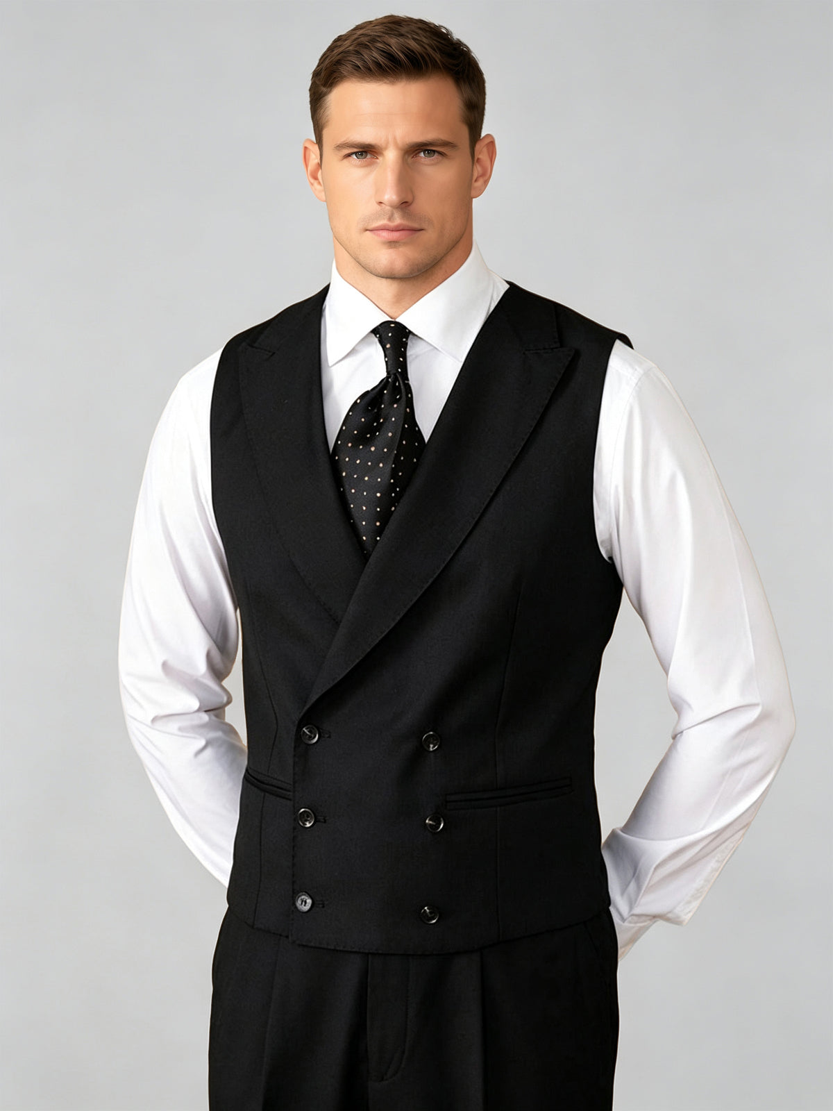 Cicinia 3 Pieces Black Men's Suits Peak Lapel Double Breasted Jacket Notched Waistcoat Trousers Suit