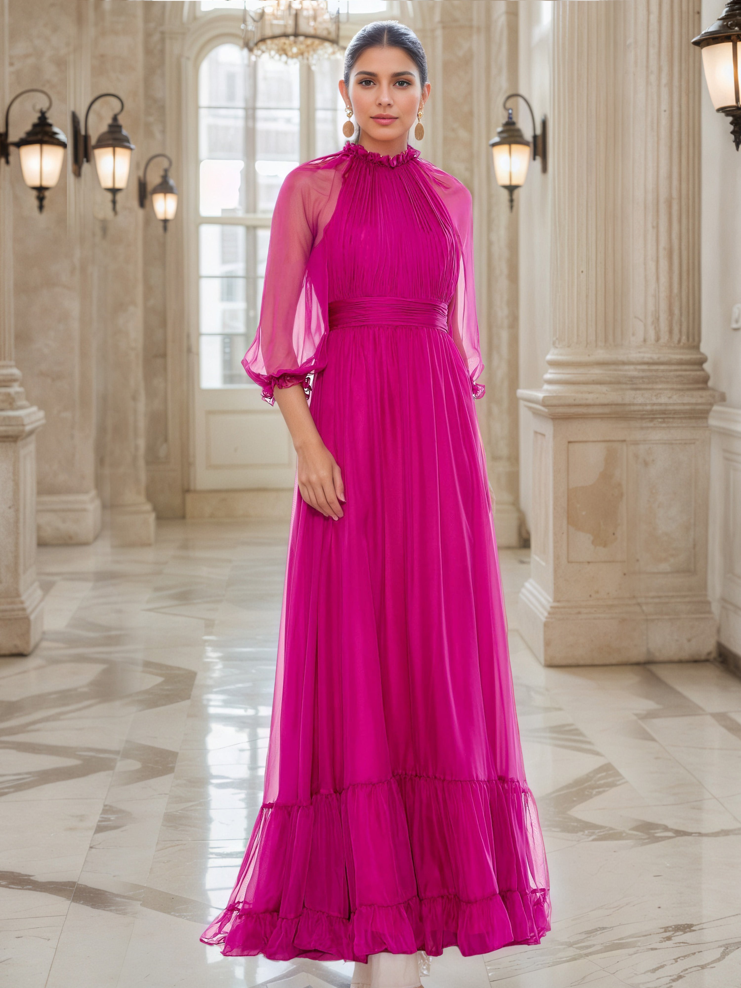 Fuchsia Mother of Bride Dresses A-Line Sheer Sleeves Chiffon Long Mother of The Bride Dress Fuchsia Mother of Bride Dresses A-Line Sheer Sleeves Chiffon Long Mother of The Bride Dress