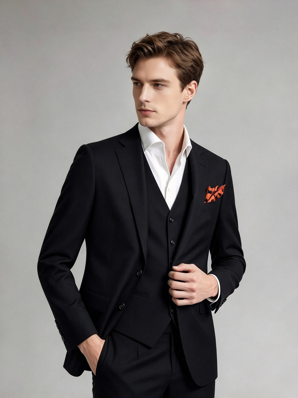 Cicinia Classic Notch Lapel Solid Black Men's Suits 3 Pieces Slim Fit Suit