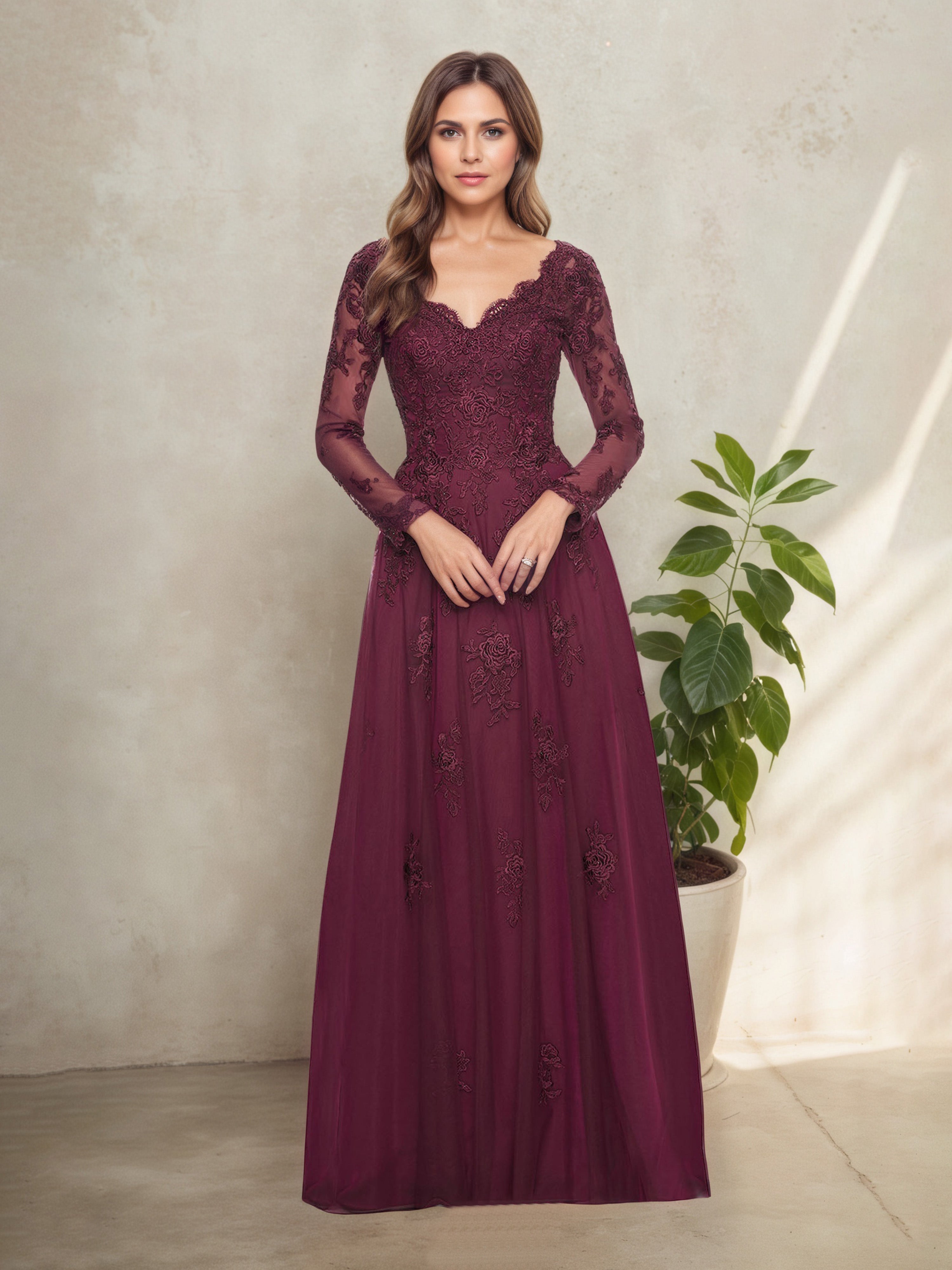 mulberry floor length dress Long Ruffle Mulberry Prom Dress with Sheer Lace Bodice Mulberry / XLarge