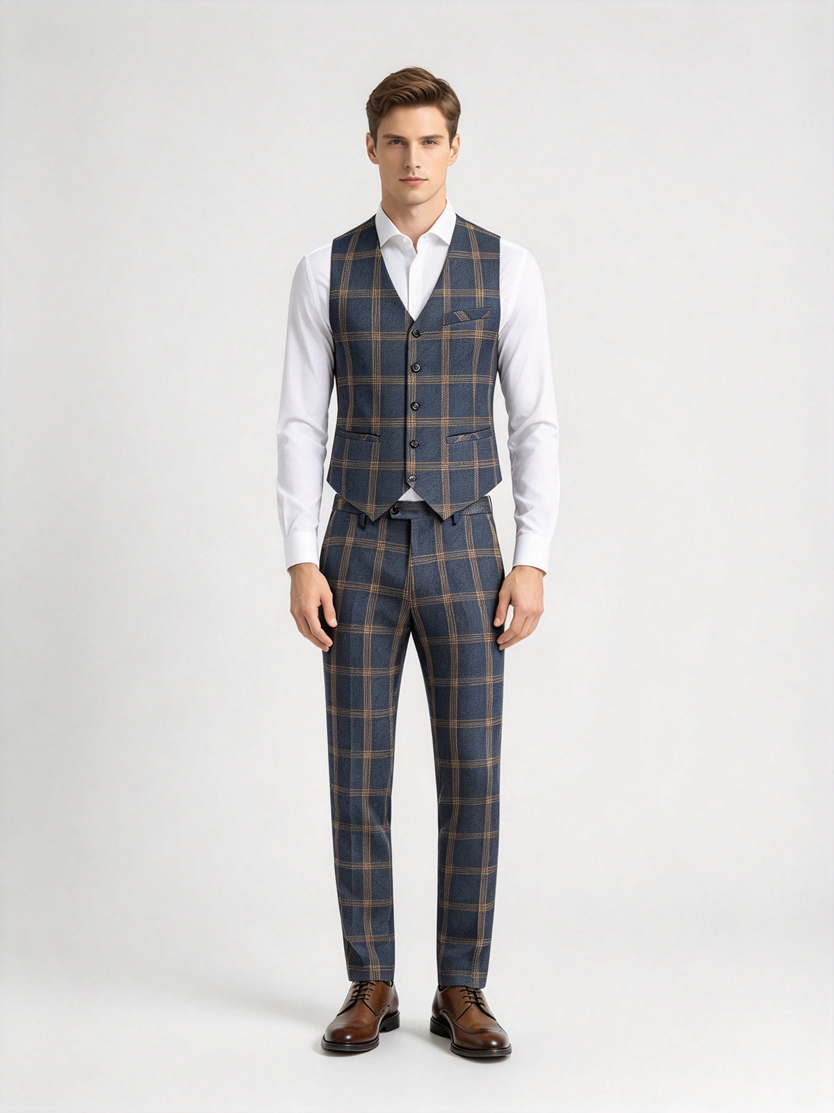 Cicinia 3 Pieces Plaid Suit Notch Lapel Single Breasted Jacket V Neck Waistcoat Slim Fit Trousers Navy Blue Men's Suits