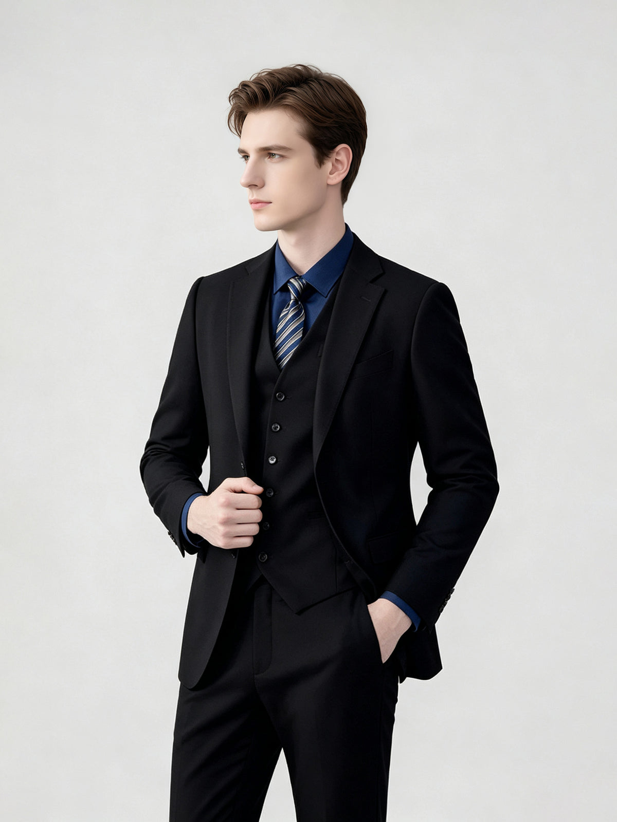 Cicinia Modern Formal Two Button Suit Notch Collar Slim Fit 3 Pieces Solid Black Men's Suits