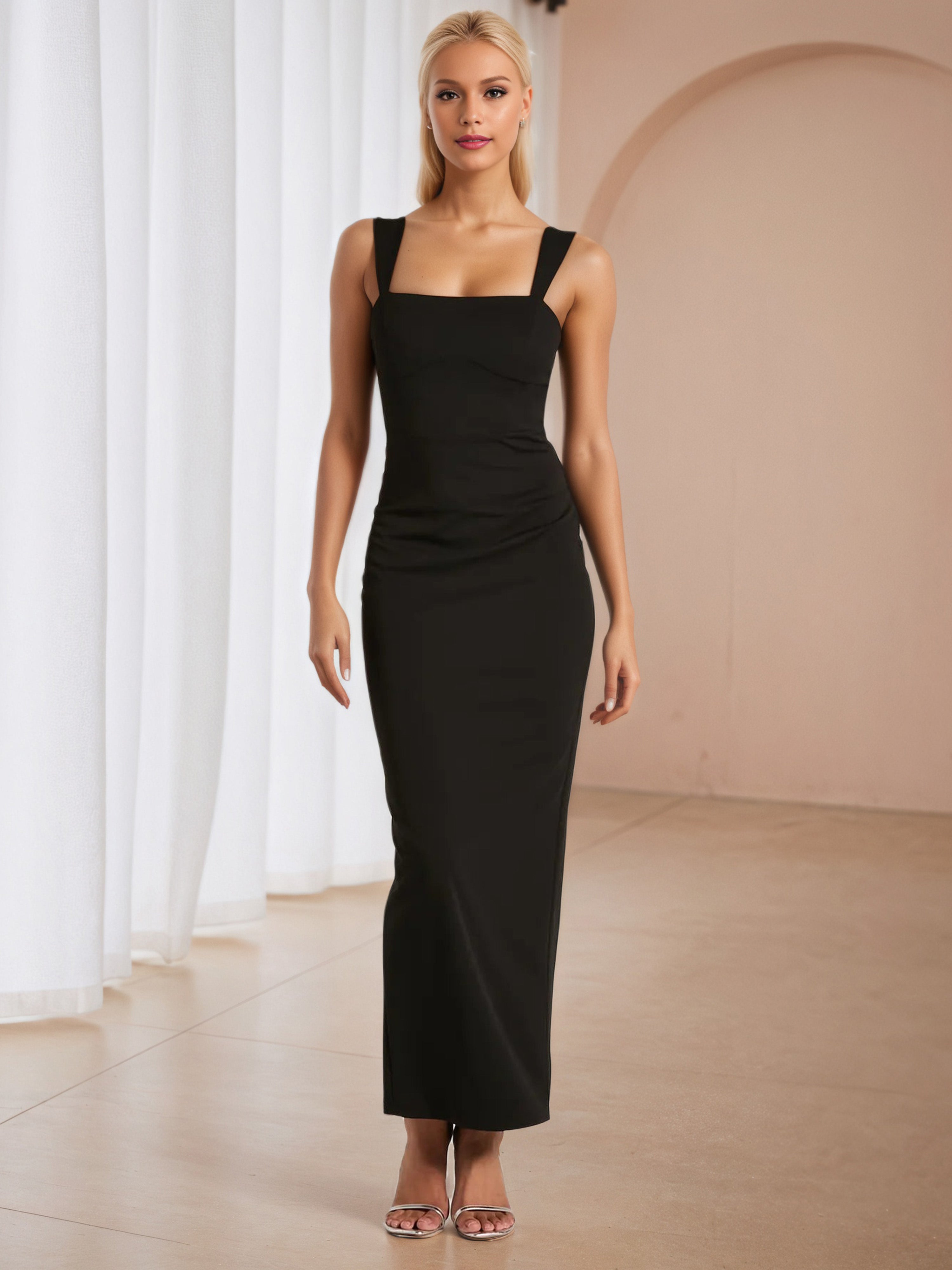 black square neck prom dress Black Square Neck Mermaid Satin Long Prom Dresses With Pearls, Navy Blue / 6