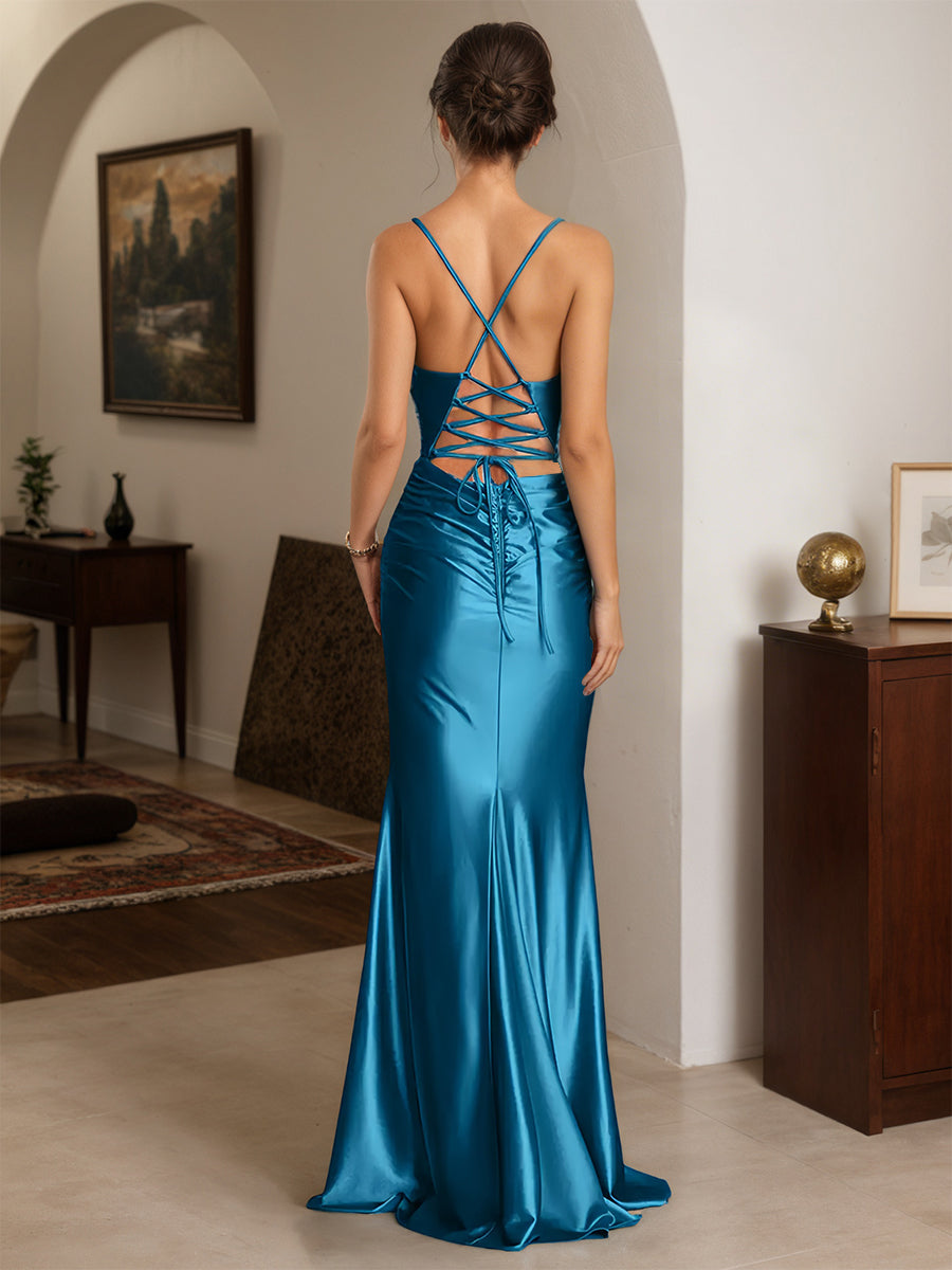 Cicinia Blue Prom Dresses Long Stretch Satin Sheath Spaghetti Straps Backless Chic