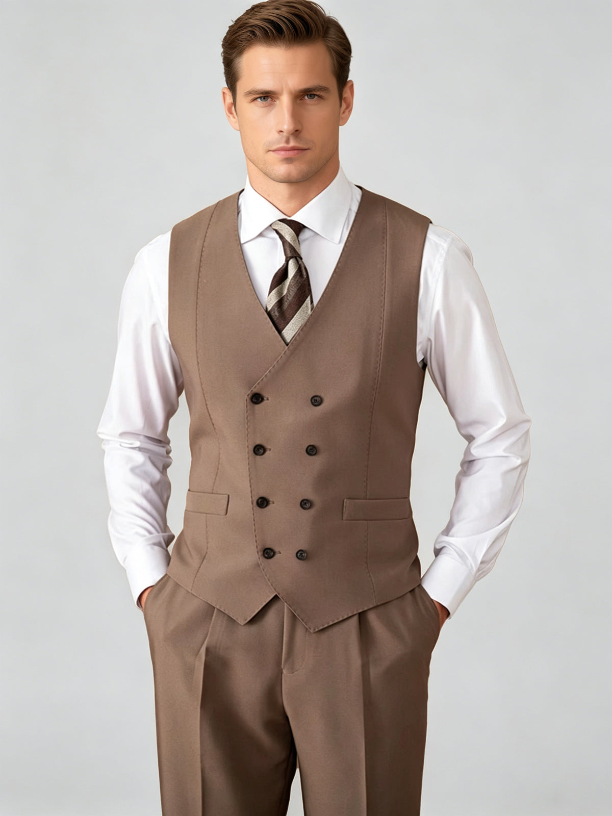 Cicinia Brown Men's Suits 3 Pieces Suit Peak Lapel Two Button Jacket Double Breasted Waistcoat And Cuffed Pleated Trousers