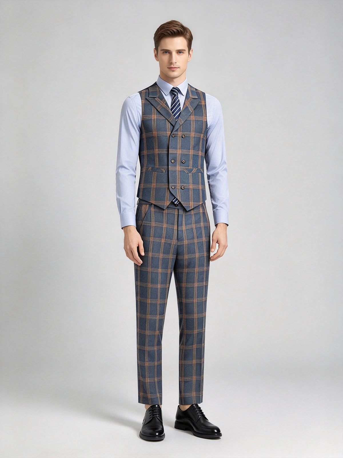Cicinia Single Breasted Woven Plaid Tailored Fit 3 Pieces Notch Lapel Navy Blue Men's Suits