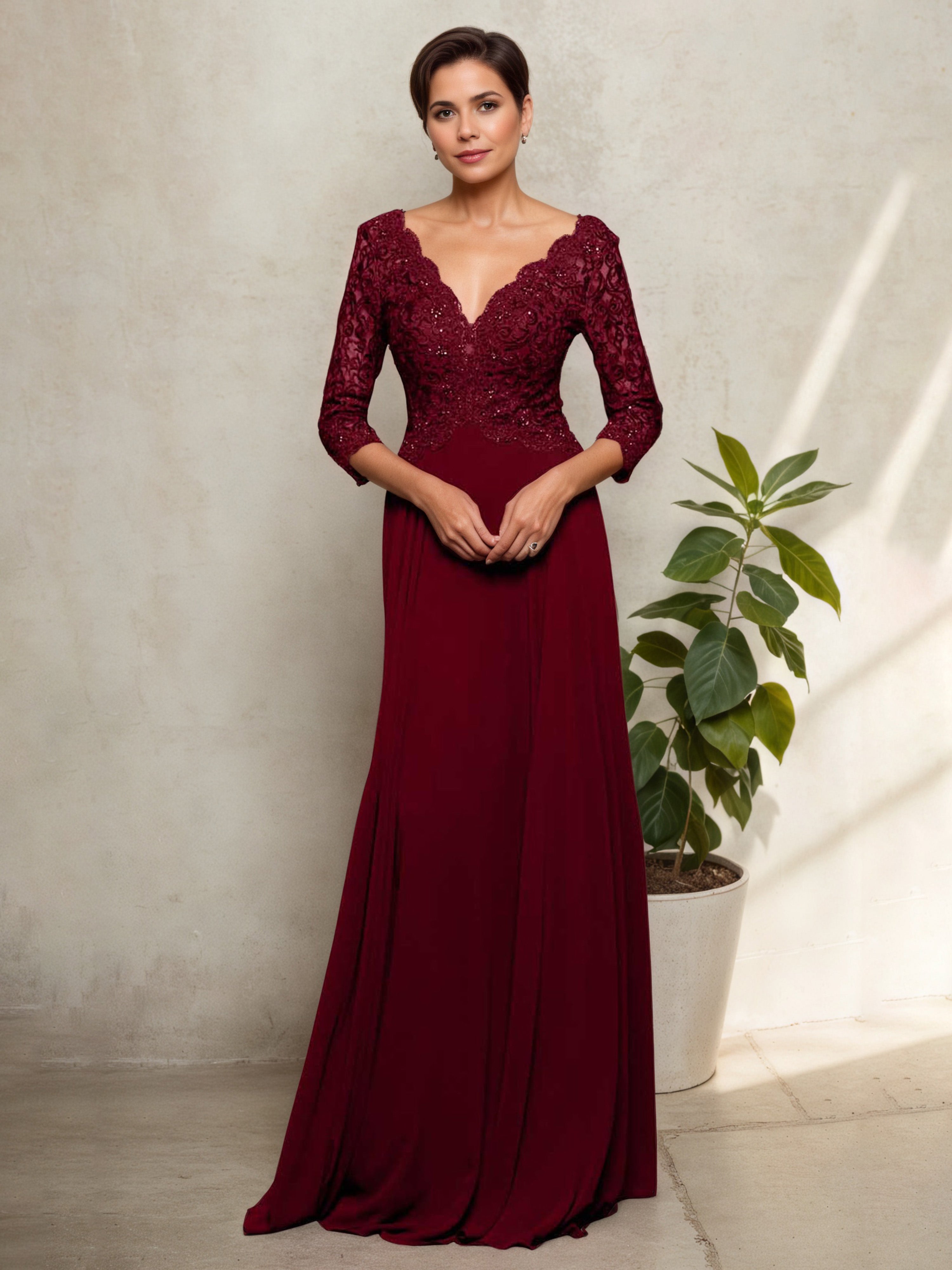 Lace Bodice V-Neck 3/4 Sleeves Long Mother Of The Bride Dress Burgundy Dress Lace Bodice V-Neck 3/4 Sleeves Long Mother Of The Bride Dress Burgundy Dress