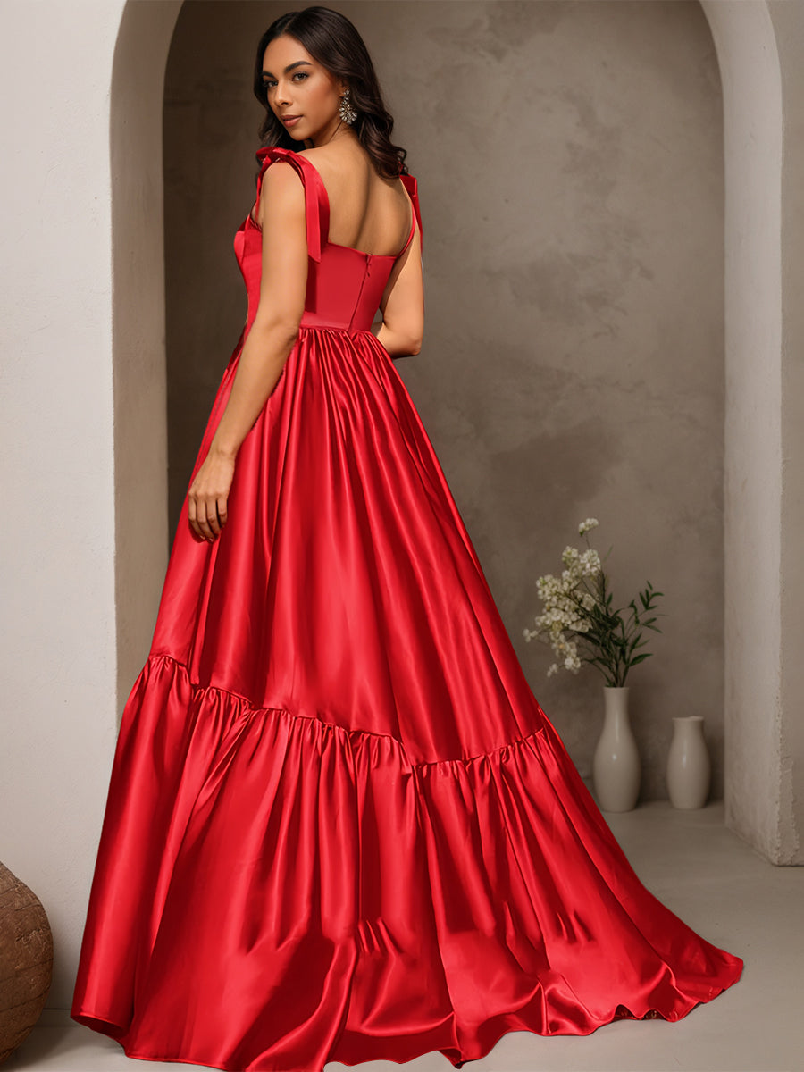 Cicinia Red Prom Dresses Long Soft Satin A-line Sweep Train Sweetheart Gowns With Straps